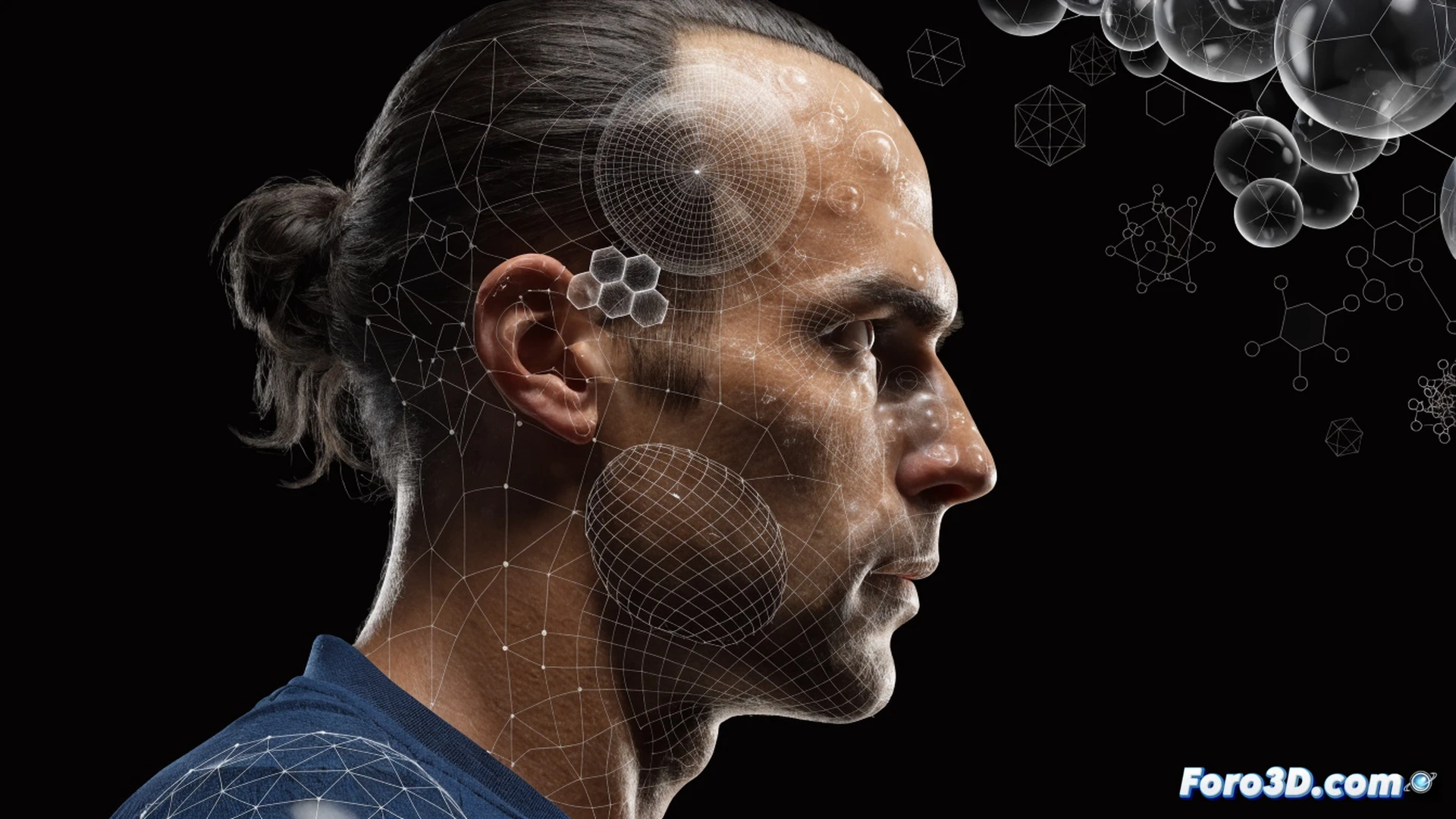 Andrés Iniesta executing a blind pass into space, brain glowing with neural network lines connecting to teammates positions on a 3D tactical grid, ball millimeters from his right foot during a controlled turn, no opposition players nearby, demonstrating spatial awareness and game reading, translucent data streams showing passing lanes and opponent pressure zones, minimalist stadium background, cinematic technical illustration, blue and white color palette, hyper-detailed facial expression of concentration, volumetric fog around the tactical hologram, photorealistic render with subtle motion blur on the ball