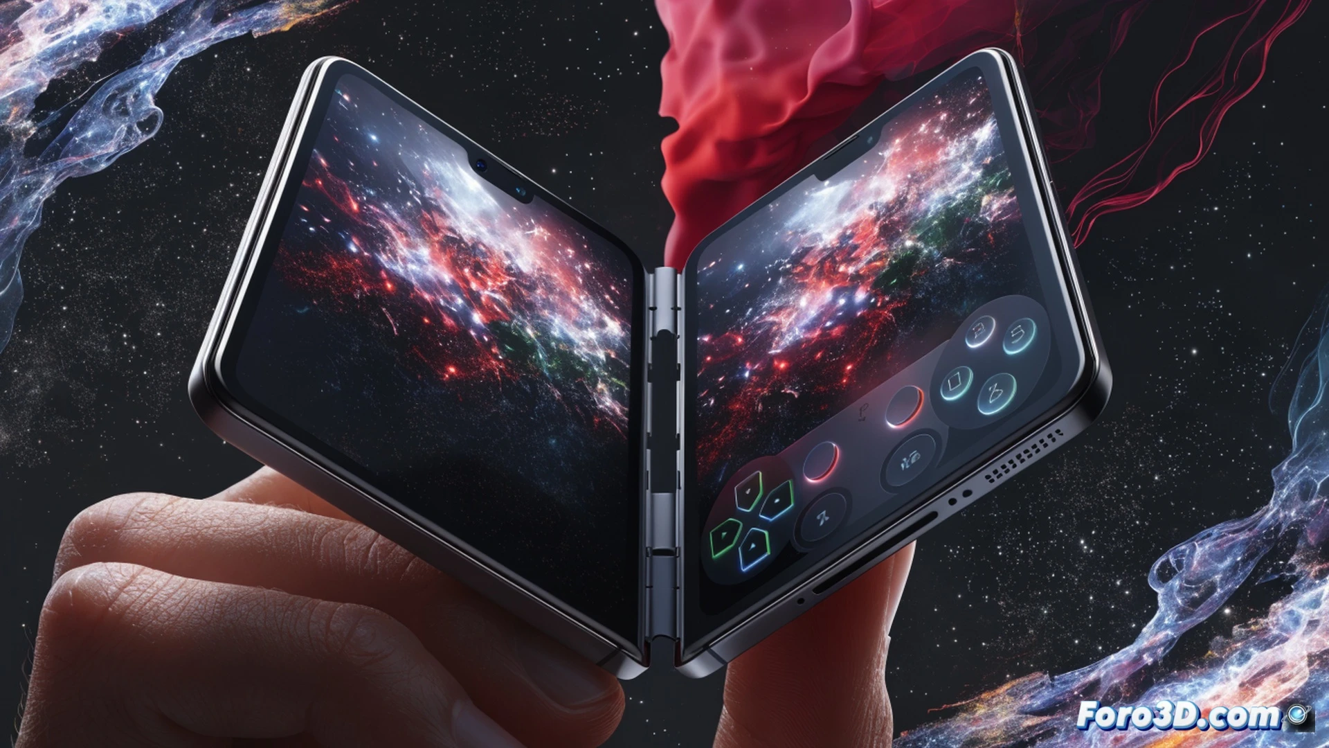 photorealistic technical illustration of a foldable smartphone fully opened, left half showing a vibrant racing game in action, right half displaying virtual gamepad controls mimicking physical buttons with tactile textures, user’s thumb pressing a glowing joystick while fingers hover over shoulder triggers, seamless split-screen gaming mode, subtle hinge mechanism visible, soft studio lighting reflecting off glass screen, engineering visualization style, ultra-detailed hardware components, dramatic depth of field, demonstrating ergonomic mobile gaming without external controller