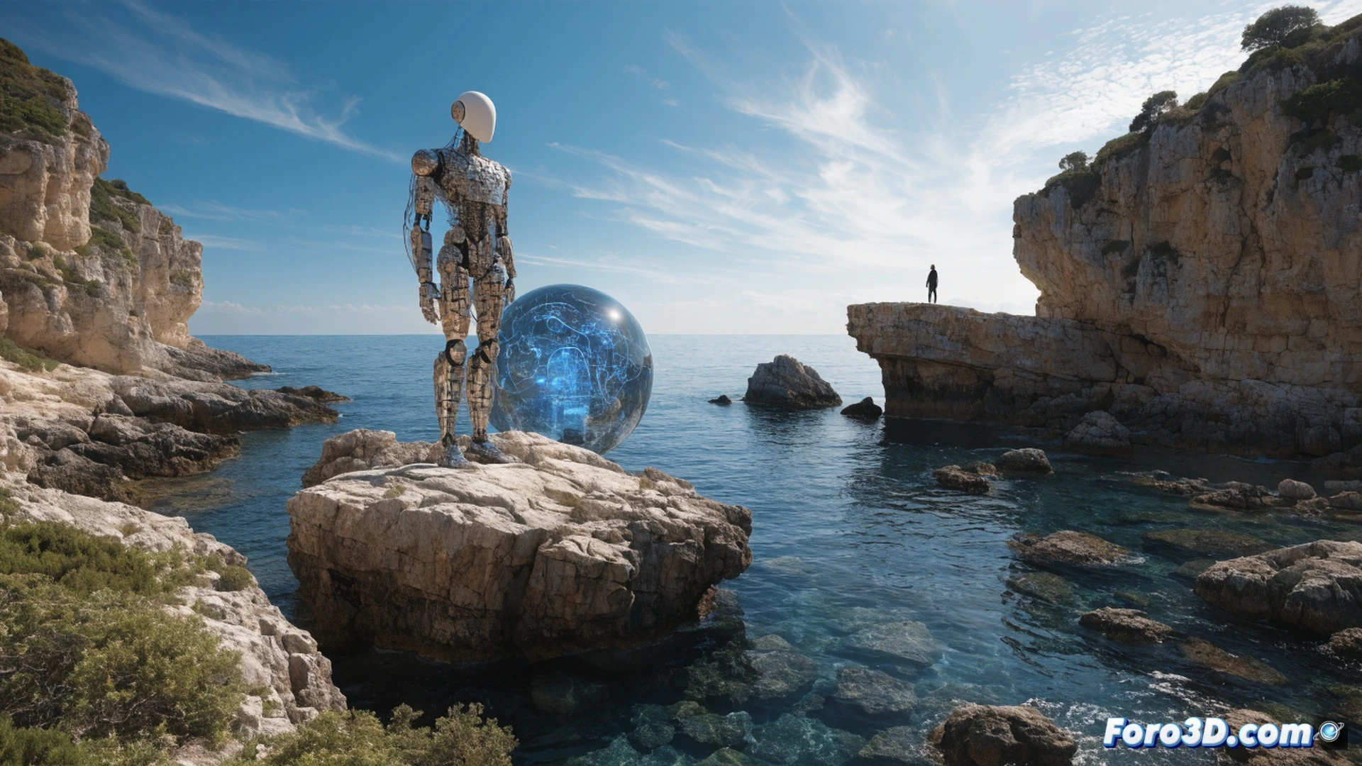 Ancient Greek temple ruins on Andros island, a glowing holographic interface floating above a marble column, tourist holding smartphone displaying AI assistant chat bubble with map and beach icons, digital data streams connecting phone to cloud servers in the sky, sunlight casting dramatic shadows on stone steps, photorealistic architectural visualization, modern tech integration with classical heritage, bright Aegean sea background with distant white buildings, cinematic lighting with warm golden hour tones, ultra-detailed textures on ancient stone and modern glass screen, demonstrating seamless information flow between visitor and digital guide