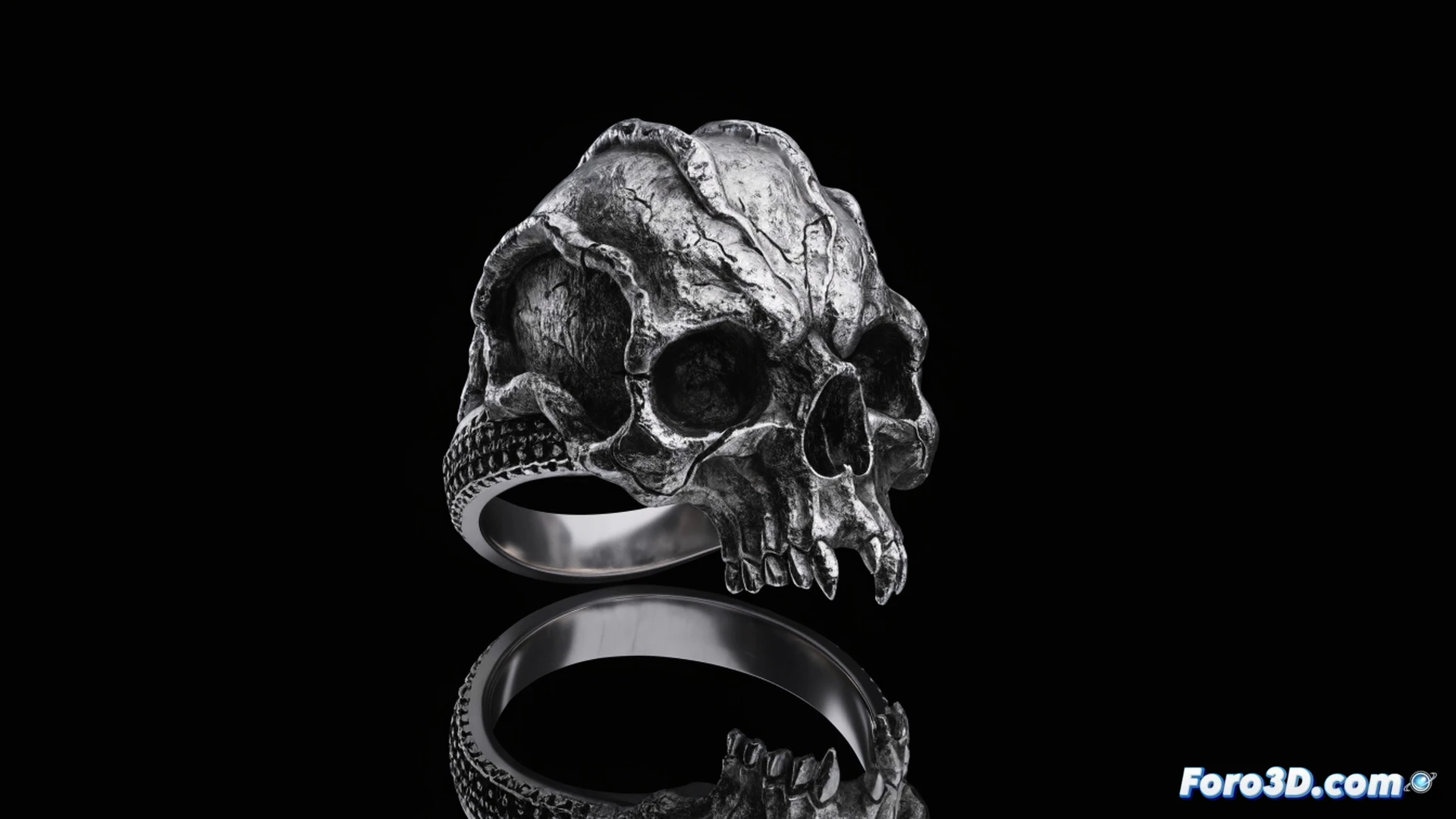Silver skull ring resting on a worn leather workbench, a magnifying lamp casting sharp shadows over the deformed cranium details, dark oxidized silver surface reflecting faint blue light, a caliper measuring the ring band width while a jeweler’s screwdriver lies beside it, gothic cathedral window blurred in background, cinematic product photography, hyper-realistic metallic textures, deep black voids in skull eye sockets, dramatic side lighting emphasizing engraved bone cracks, ultra-detailed macro shot, photorealistic technical illustration