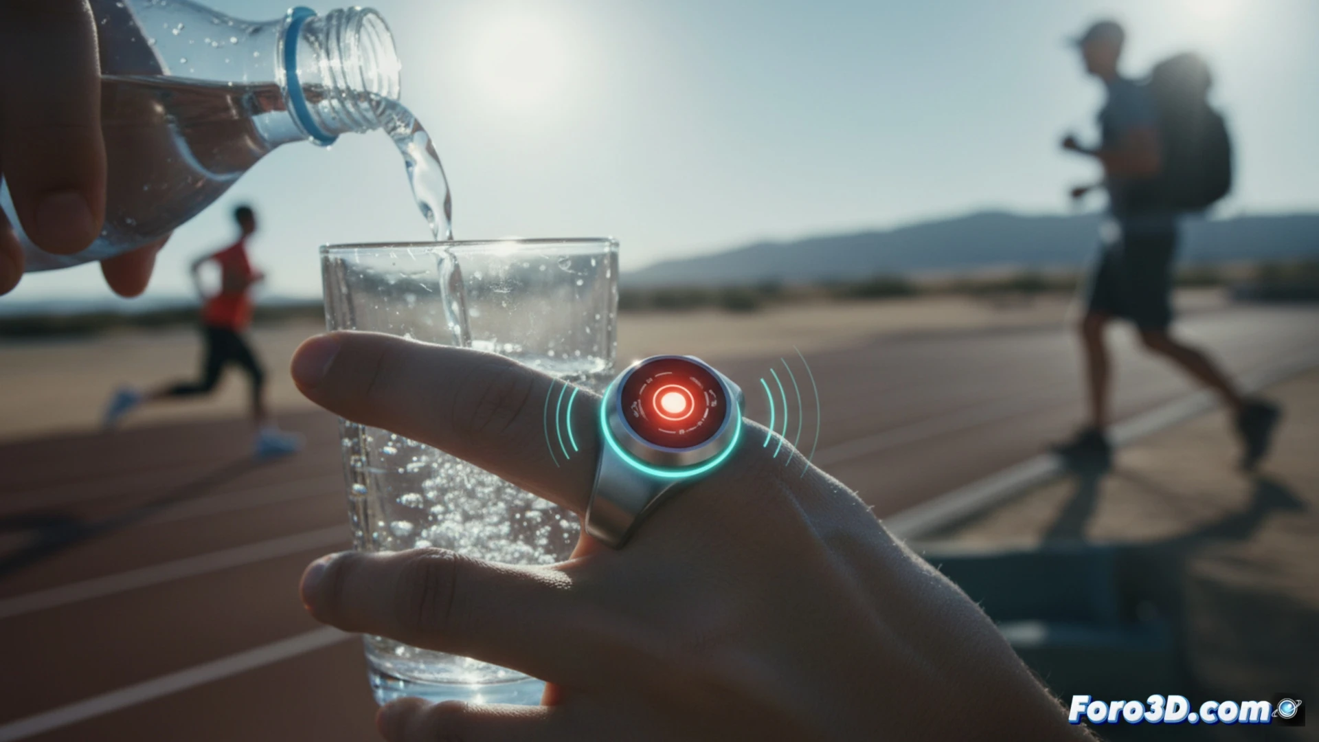 photorealistic technical illustration of a smart ring worn on a human finger, ring surface showing a glowing temperature sensor and subtle LED indicator, finger pressing a water bottle cap during hydration action, sweat droplets on skin showing heat stress, ring vibrating with motion blur effect while alerting, bright outdoor sunlight hitting the scene, athletic background with blurred running track, engineering visualization style, macro shot of ring components including biometric sensor and haptic motor, realistic metallic texture, dramatic shadows from intense summer sun, ultra-detailed hardware elements