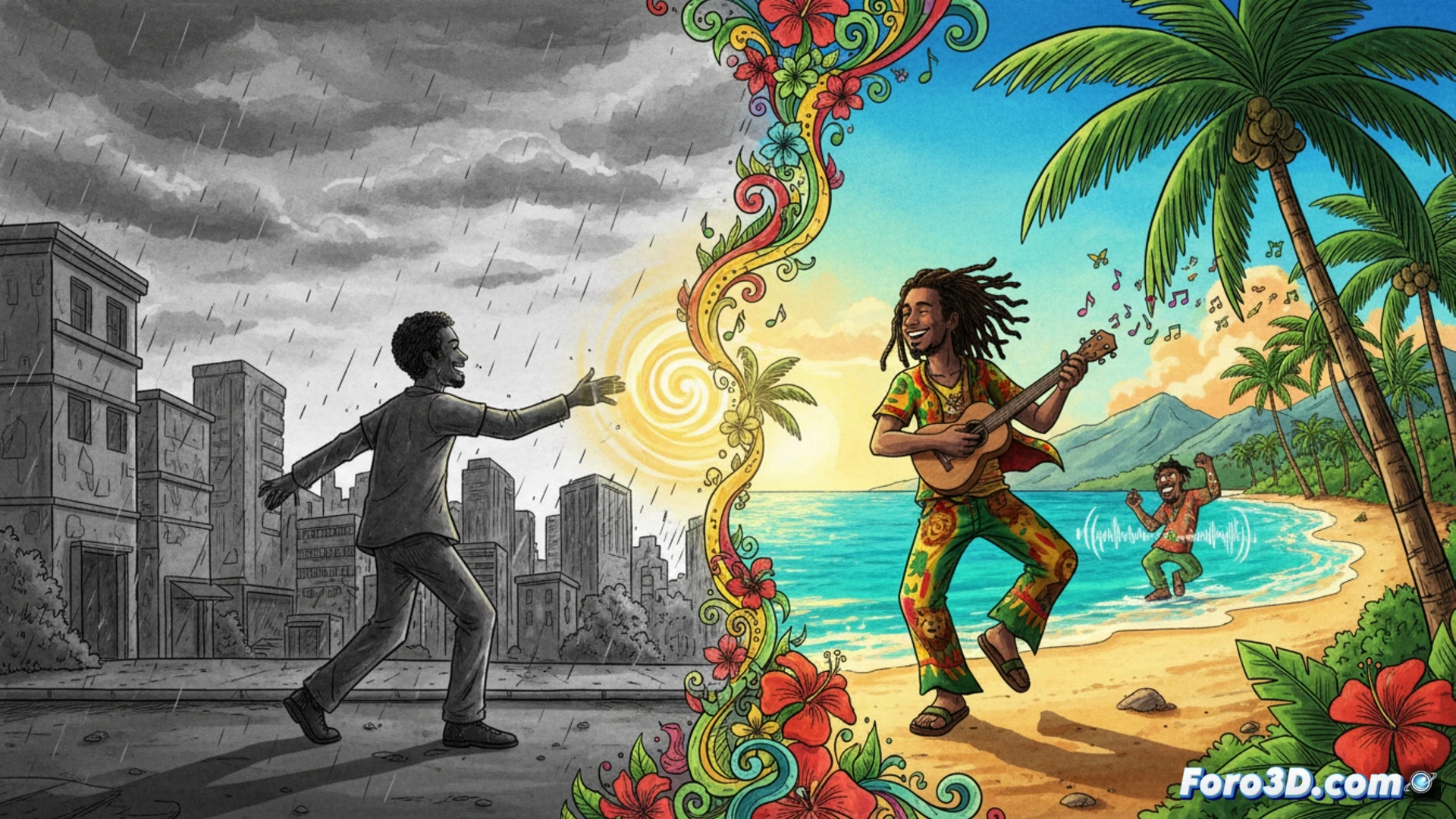 hand-drawn animation sequence showing a character leaping from a grayscale concrete office into a vivid Jamaican street, paintbrush and stylus tools floating mid-air while transforming grey walls into tropical murals, reggae speakers emitting colorful soundwaves that dissolve oppressive structures, cinematic visual style with vibrant color explosion contrasting monochrome background, hand-painted textures visible on character skin and clothing, motion blur on dancing limbs, glowing musical notes morphing into tropical flowers, technical illustration aesthetic with visible animation cel layers and sketch lines, dramatic sunlight breaking through industrial windows, ultra-detailed foliage and drum kit details