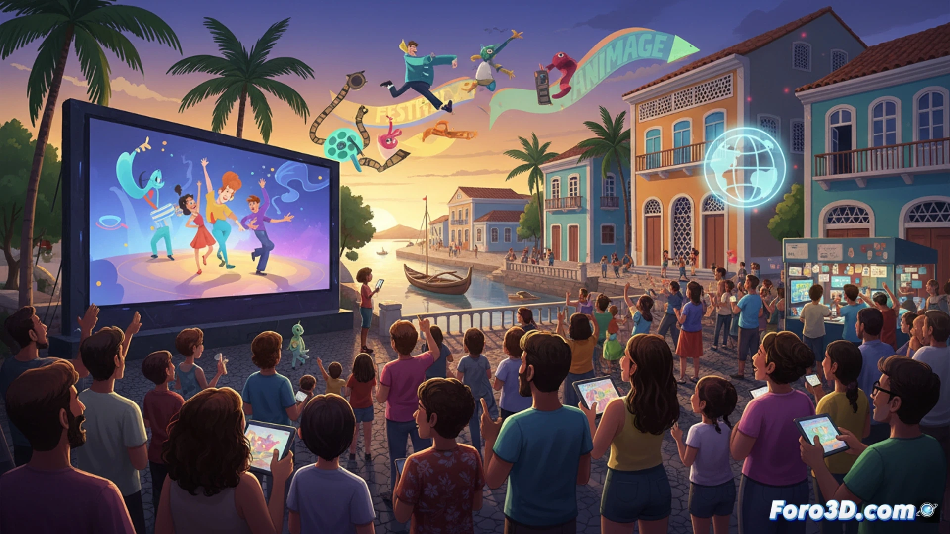 Festival square in Recife transformed into open-air animation hub, diverse crowd watching a giant outdoor projection of a 3D animated feature film, animators at portable workstations demonstrating digital sculpting tablets and stylus tools during a workshop, colorful storyboard panels and character concept art displayed on easels, a professional camera rig filming a live stop-motion puppet setup, warm golden sunset light mixing with neon festival banners, cinematic photorealistic style, dynamic action of artists sketching while attendees interact, technical illustration aesthetic