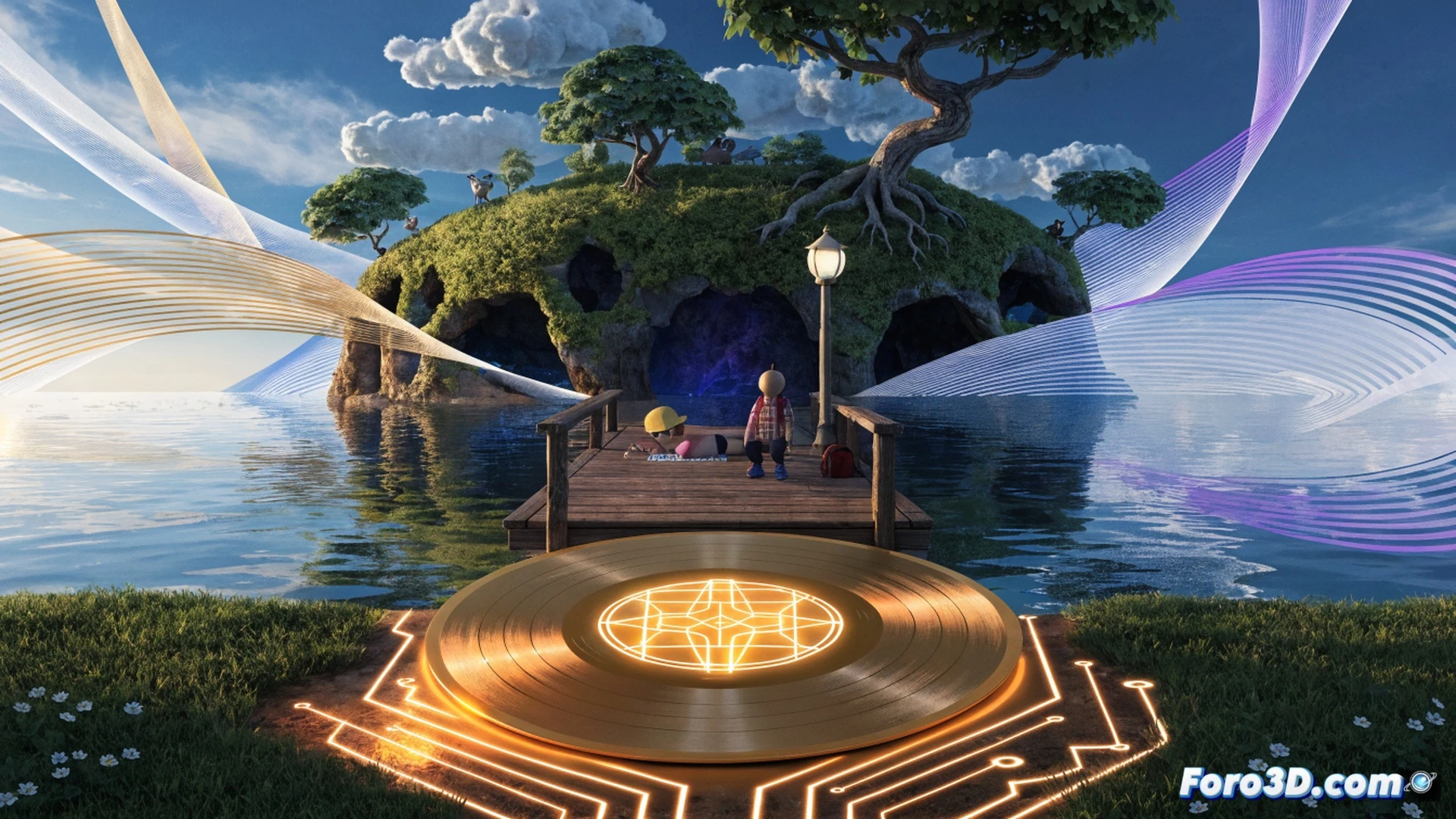 Nintendo Switch Online app interface on smartphone screen, 25 musical note icons floating upward from Animal Crossing New Horizons album cover, relaxing island scenery with palm trees and gentle waves visible behind the interface, player character wearing headphones while sitting on a log near a campfire, glowing sound waves radiating from the phone speaker, soft pastel colors, cozy evening lighting, cinematic lifestyle visualization, demonstrating music streaming process during study or work session, photorealistic technical render, warm ambient glow, detailed app UI elements with play button and track list