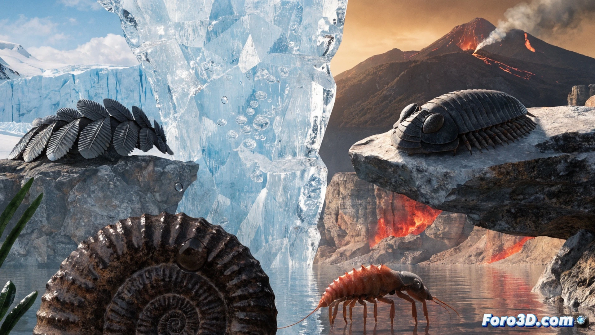 Prehistoric trilobite burrowing into ancient seabed sediment while massive storm clouds loom overhead, lightning striking distant volcanic peaks, coral-like crinoids swaying in turbulent currents, small fish-like vertebrates seeking shelter among rocky crevices, dramatic survival action during climate catastrophe, cinematic paleontological visualization, photorealistic ancient ocean ecosystem, ultra-detailed marine exoskeletons and gill structures, sediment particles suspended in churning water, bioluminescent flashes from deep-sea organisms, dynamic underwater lighting from storm flashes, hyper-realistic textures of prehistoric flora and fauna, wide-angle lens showing scale of environmental chaos