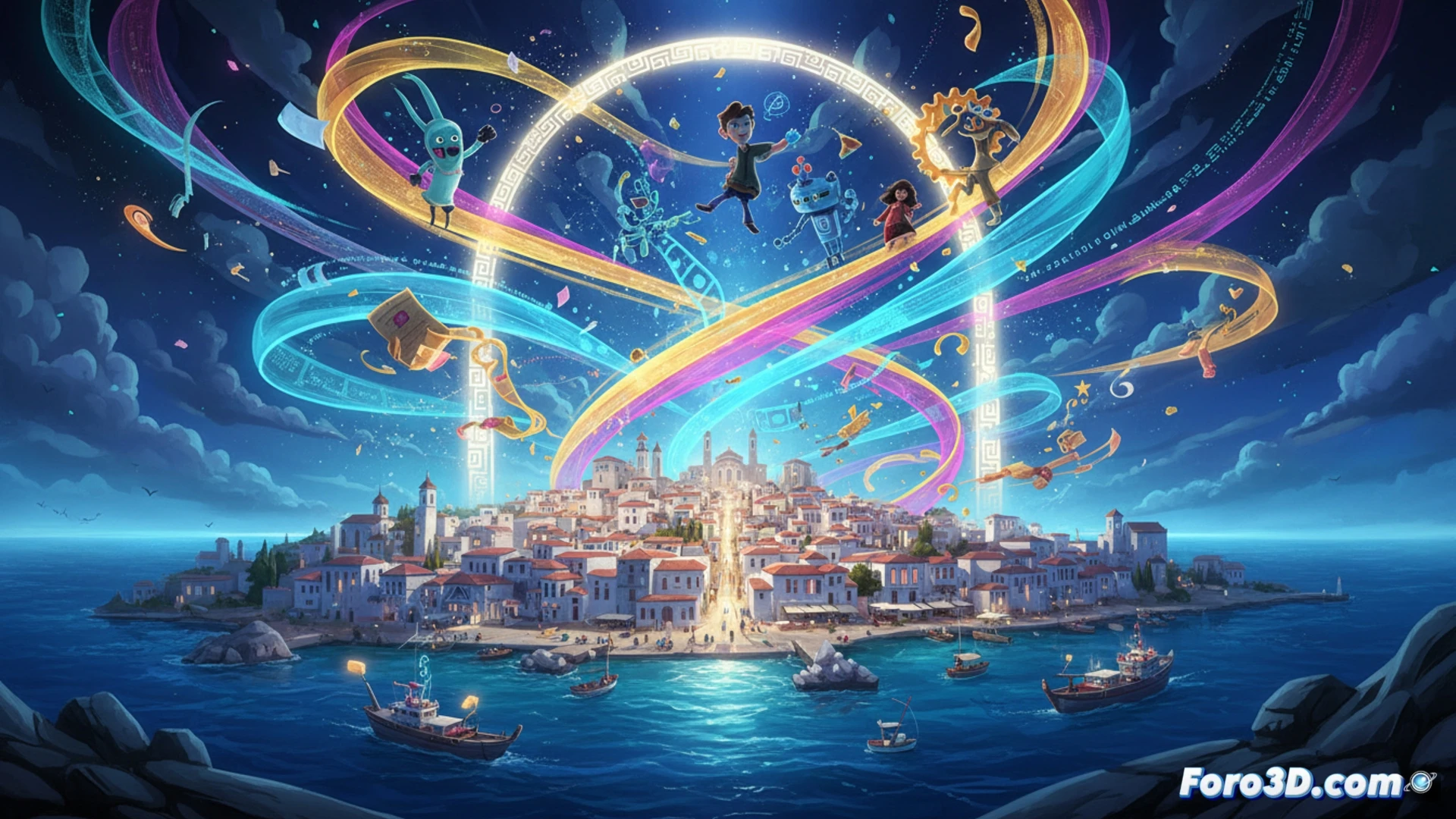 animatora dibujando en tablet gráfica frente a pantalla de ordenador mostrando storyboard de criatura animada, fondo con póster de Animasyros 2026 y mapa de isla Syros, junto a ella maqueta de escenario y lápices de colores, luz de ventana mediterránea ilumina mesa de trabajo, estilo cinematic photorealistic, enfoque nítido en manos y pantalla, ambiente creativo profesional con plantas y libros de arte, textura papel y madera visibles