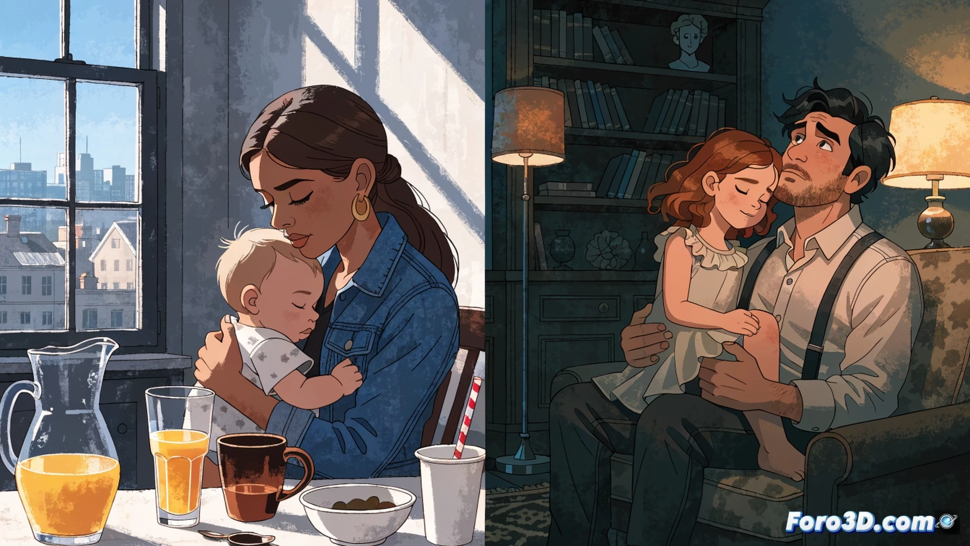 two interconnected animation scenes split by a glowing filmstrip, left side shows a couple holding a baby ultrasound image while standing near a computer monitor displaying 3D character rigging software, right side shows a mother reading a book to a child on a sofa surrounded by storyboard sketches and animation cels, soft cinematic lighting, warm color palette, pencil texture overlays, technical workstation with drawing tablet and stylus visible in foreground, photorealistic render with subtle cel-shaded character designs, emotional family moments captured during daily life, golden hour sunlight streaming through window, ultra-detailed fabric textures and digital art tools