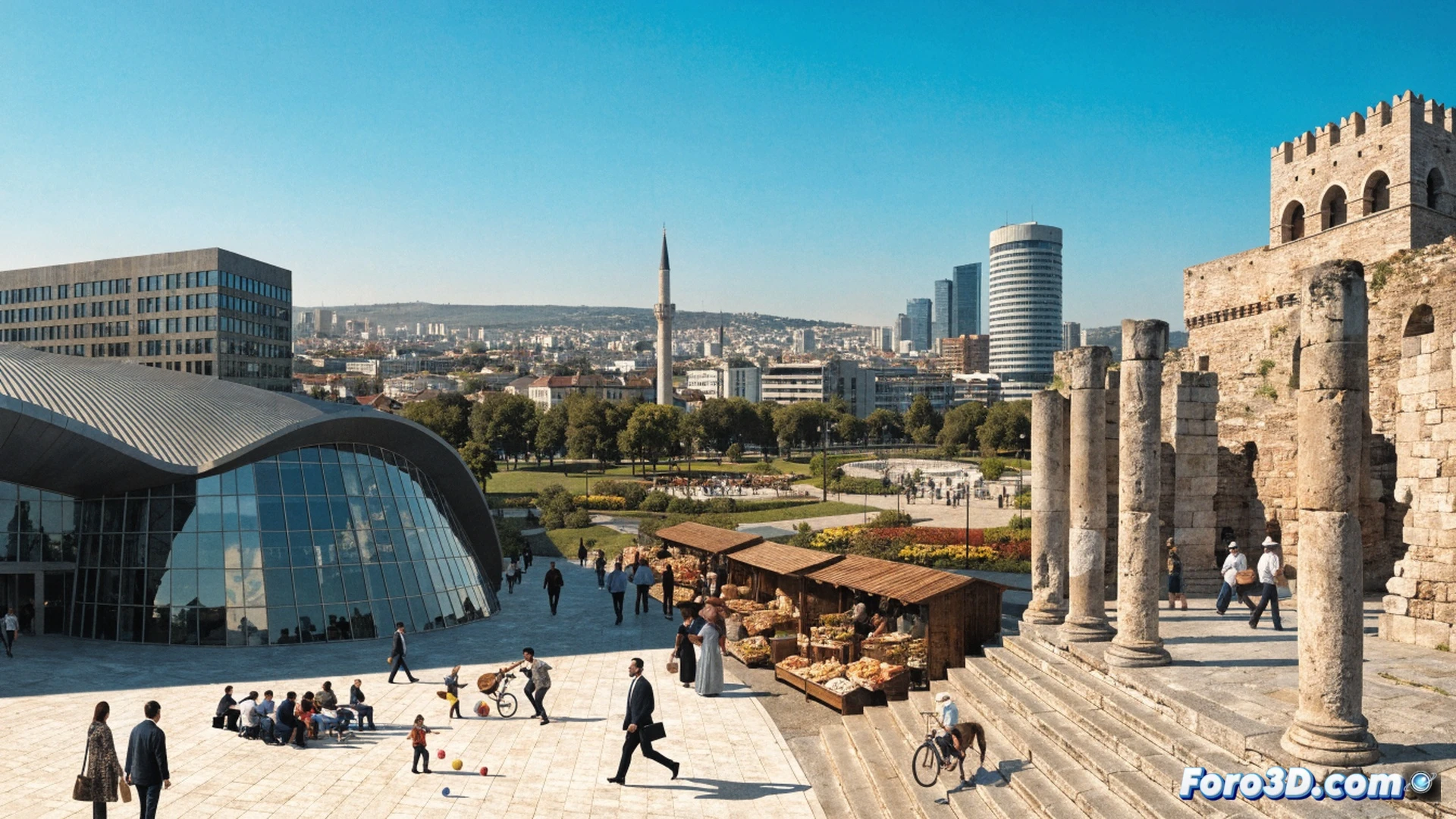 Ankara cityscape at dusk, Turkish flag waving over ancient Roman ruins near a modern concert stage, crowd watching a free outdoor orchestra performance, musicians playing traditional instruments, illuminated museum entrance in background, street food vendors serving affordable dishes, photorealistic cinematic visualization, golden hour lighting, warm amber tones, detailed stone textures, festival banners hanging between historic columns, families walking casually, dramatic wide-angle perspective, cultural vibrancy without luxury excess