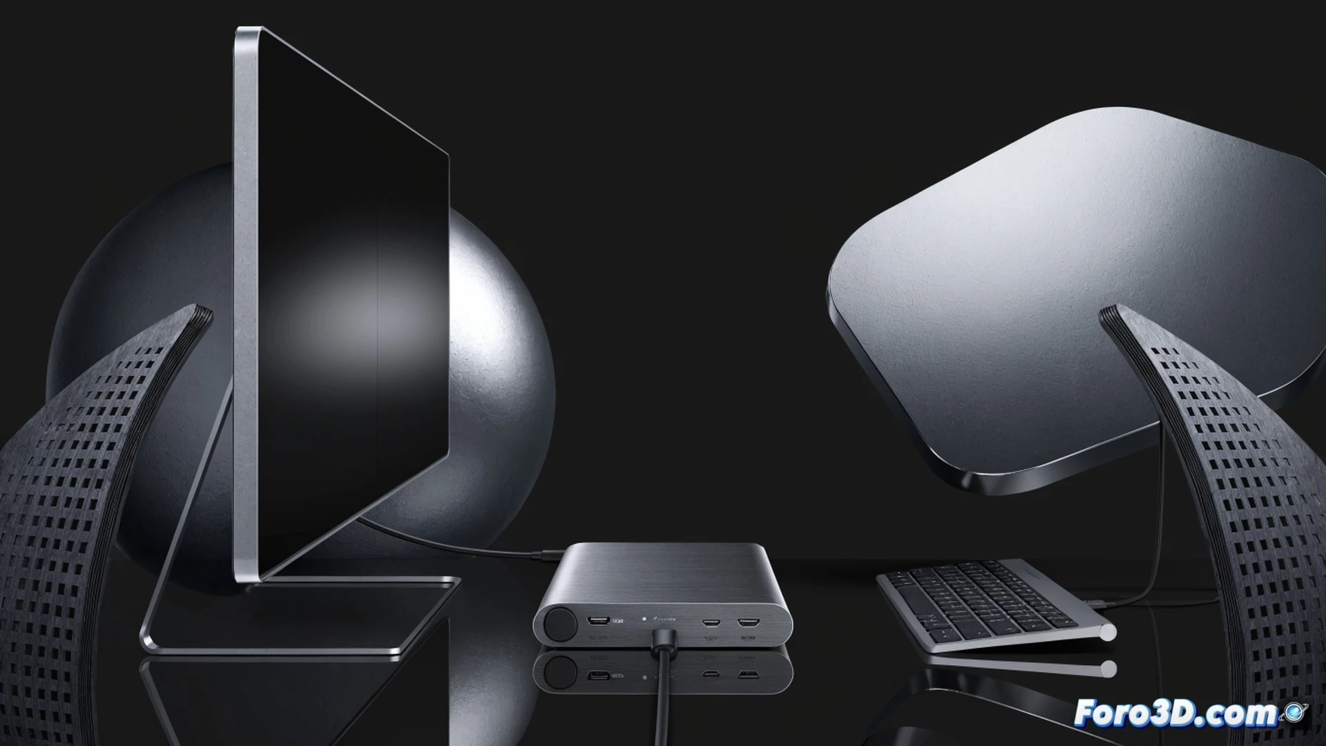 Anker Prime Dock conectada a un portátil ultradelgado sobre un escritorio minimalista, un monitor externo mostrando un gráfico de precios en caída, un teclado mecánico y un disco duro SSD conectados simultáneamente al dock mediante un solo cable USB-C, cables ordenados fluyendo hacia atrás, luz LED azul del dock indicando carga activa, fondo desenfocado con reloj marcando las 00:00 del Prime Day, estilo photorealistic technical illustration, iluminación de estudio suave, sombras nítidas, superficies metálicas reflectantes, demostrando conectividad múltiple en acción