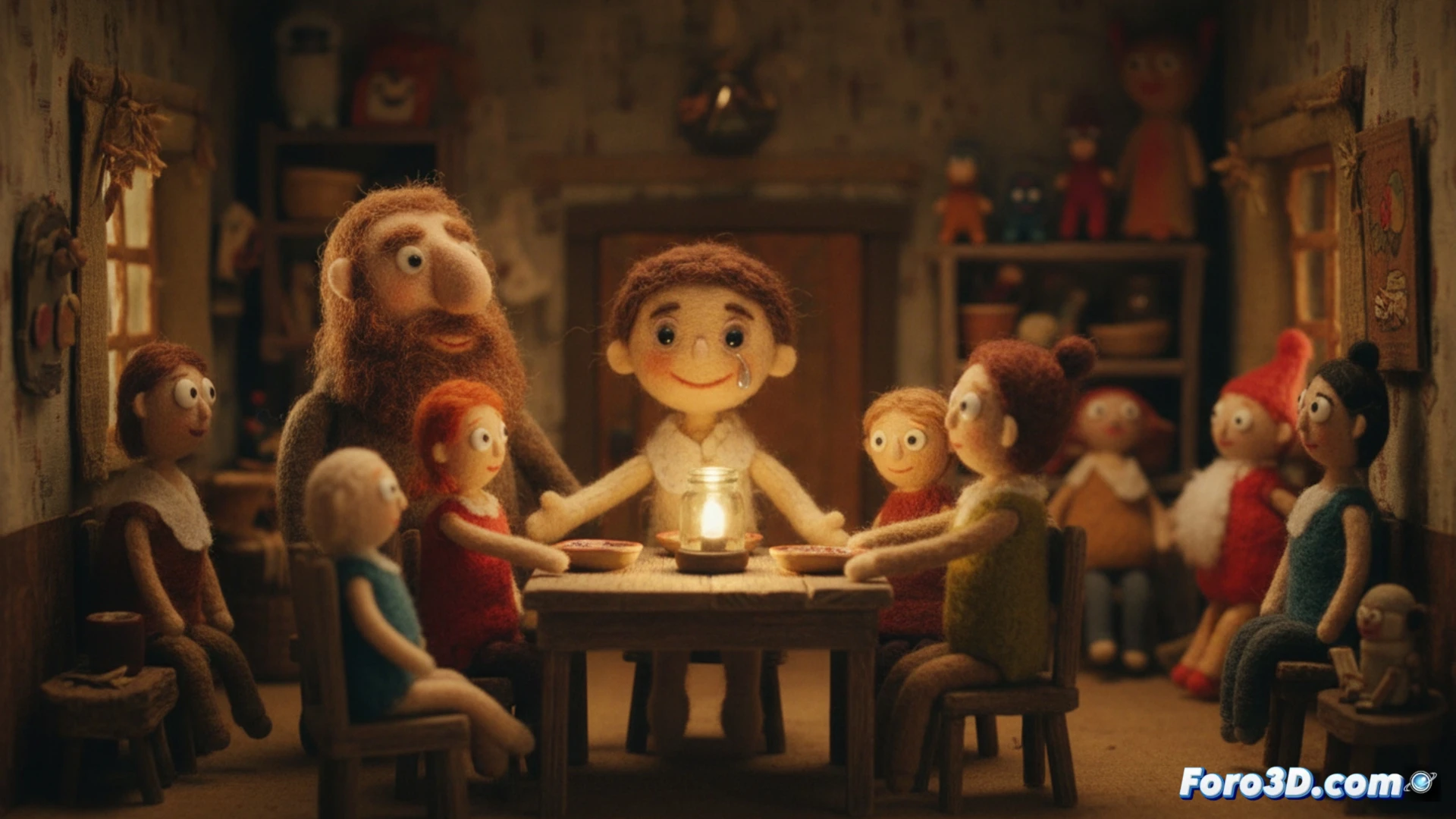 handcrafted felt puppet being animated frame-by-frame on a lightbox, stop-motion animator adjusting its woolen arm with tweezers, soft grey felt character with stitched smile, miniature film set with tungsten lamps and DSLR camera on tripod, wooden puppet armature visible through felt seams, cinematic technical illustration, warm amber lighting casting long shadows, shallow depth of field focusing on puppet face, dust motes floating in light beam, photorealistic craft visualization, textured felt fibers catching light, emotional connection demonstrated through puppet hand reaching toward animator finger