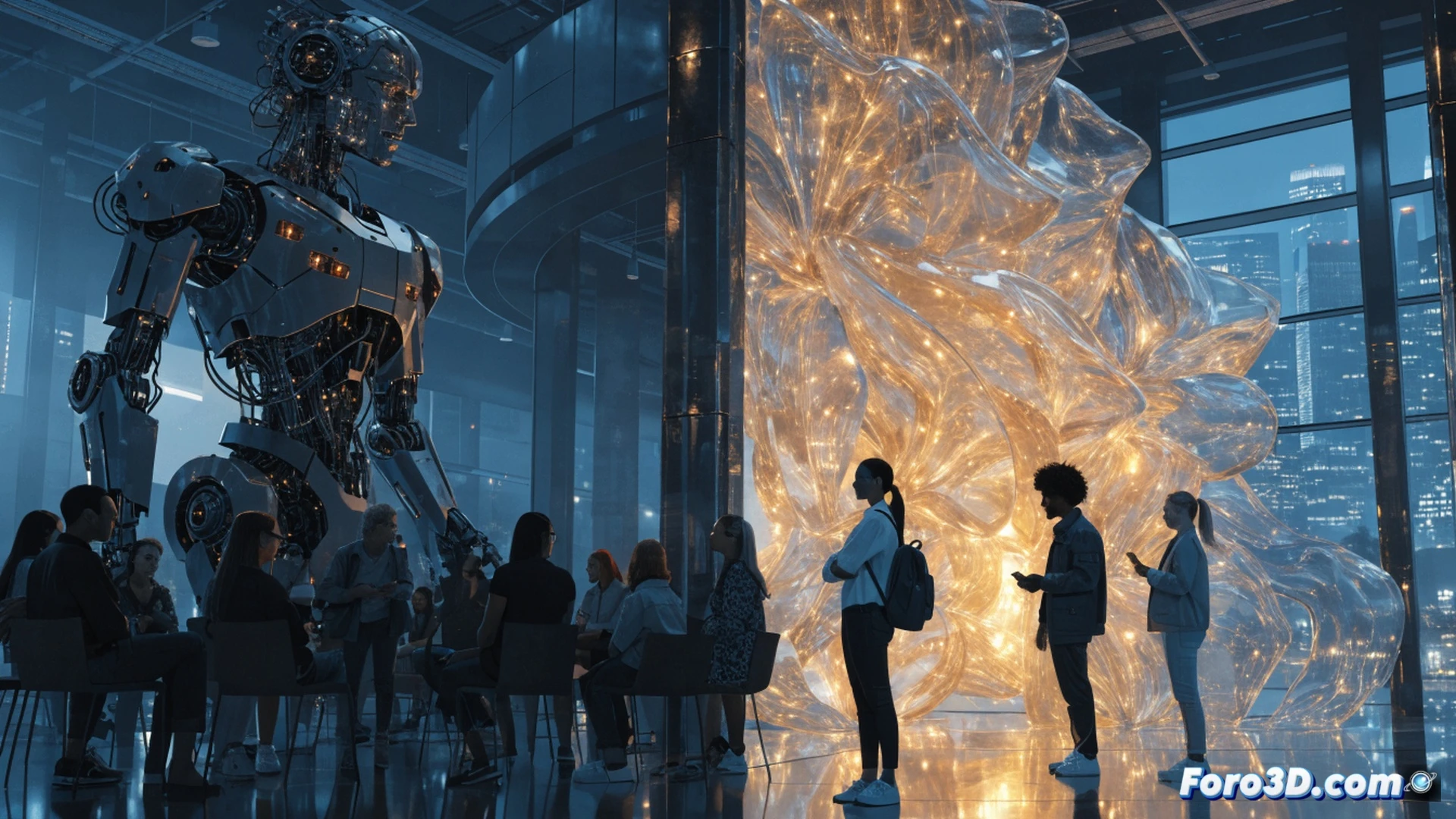 cinematic scene of diverse animation professionals gathered in a modern auditorium, large holographic screen displaying AI neural network diagrams and union symbol overlays, a speaker gesturing at floating 3D models of robotic arms and digital workstations, audience members holding stylus pens and tablets, soft blue ambient light from data visualization panels, photorealistic technical illustration, dramatic spotlight on central debate, sleek futuristic furniture, subtle rainbow flag colors on one side for LGBTQ+ community session, ultra-detailed textures, professional conference atmosphere