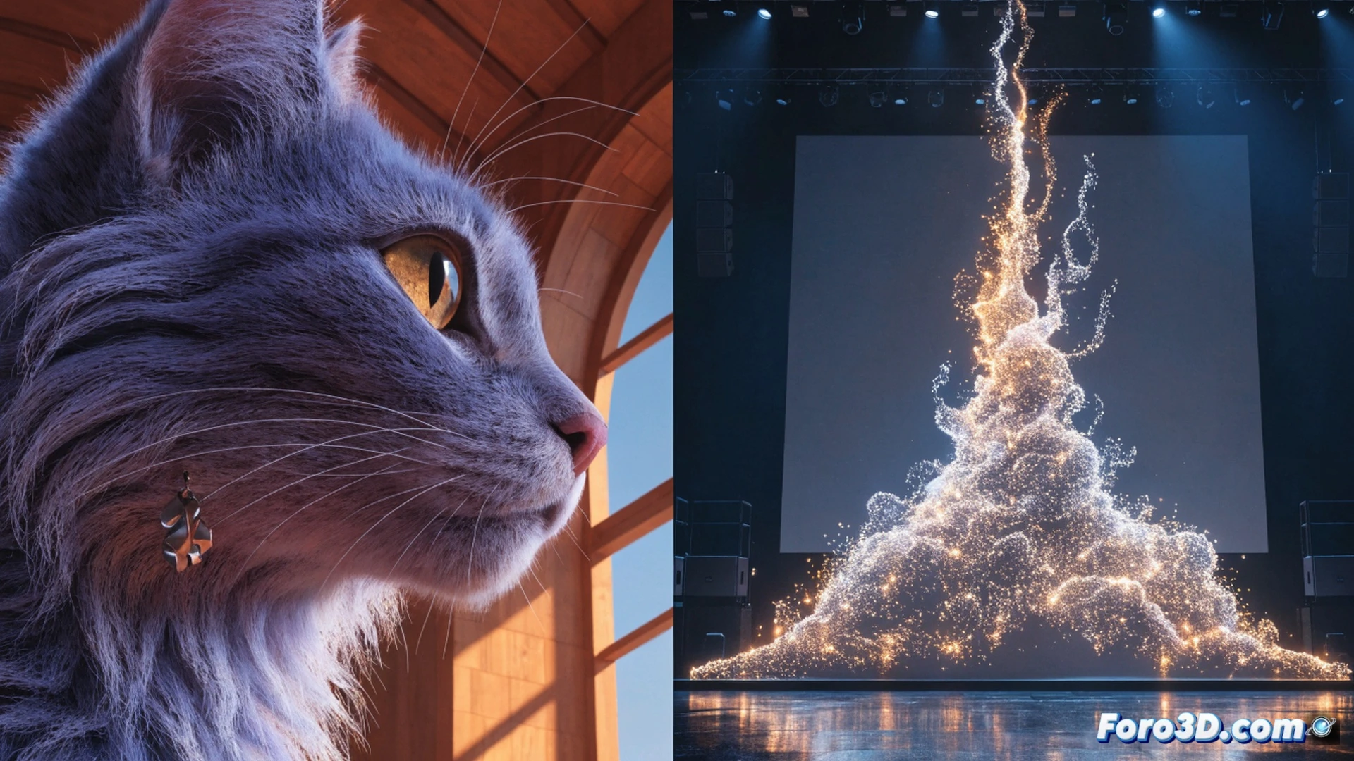 cinematic scene of a lone animator working at a digital workstation, stylized cat character leaping from a glowing tablet screen into a darkened studio, motion lines and particle trails showing the transition from 2D sketch to 3D model, multiple floating holographic storyboard panels around the desk, a miniature festival trophy on the monitor stand, soft blue ambient light from the screens contrasting with warm desk lamp, photorealistic technical illustration, precise digital brush and stylus visible in the artist's hand, ultra-detailed animation rigging interface on the monitor, dramatic shadows and rim lighting emphasizing the creative process