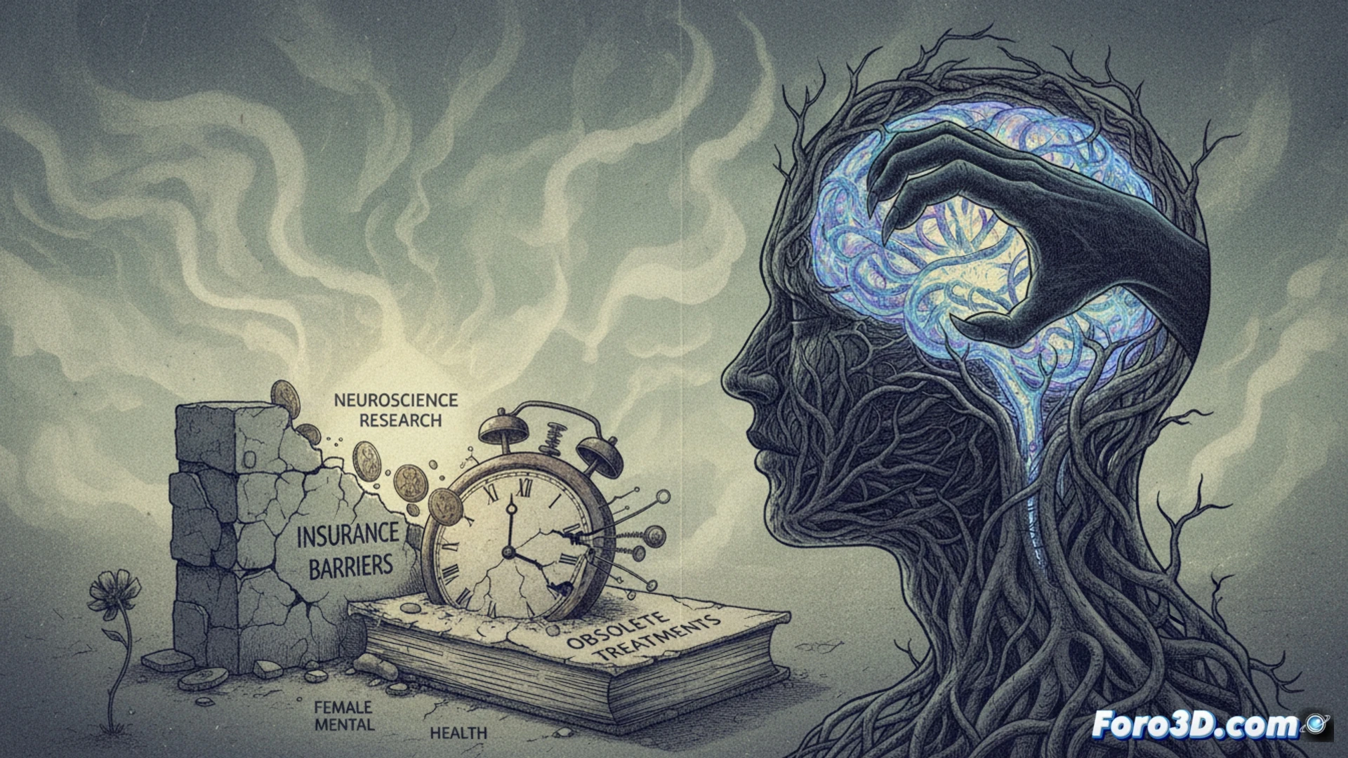 Photorealistic medical illustration showing a human brain split in half, left hemisphere glowing with neural circuit pathways being rewired and corrupted by anorexia, right hemisphere dark and atrophied, a microscope and fMRI scan overlay in background, a clock with broken hands floating nearby, a female silhouette fading into shadow behind the brain, clinical blue and cold grey lighting, dramatic contrast between illuminated neural connections and decaying tissue, ultra-detailed synaptic structures, cinematic technical visualization, neuroscientific equipment faintly visible, sterile hospital atmosphere, photorealistic render