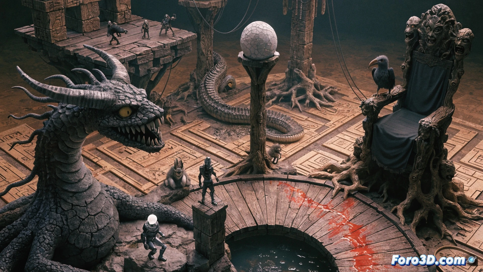 diorama de mazmorra con miniaturas animadas sobre un tablero de juego digital, un guerrero en miniatura empuñando una espada mientras avanza por un pasillo de piedra iluminado por velas, al fondo una puerta entreabierta emite un resplandor mágico, durante la escena se muestra una interfaz de Unity con parámetros de ZBrush visibles en una pantalla flotante, engranajes y herramientas de modelado 3D rodean el tablero, estilo cinematic technical illustration, texturas táctiles de plástico y resina, luces dramáticas con sombras nítidas, photorealistic render con enfoque macro