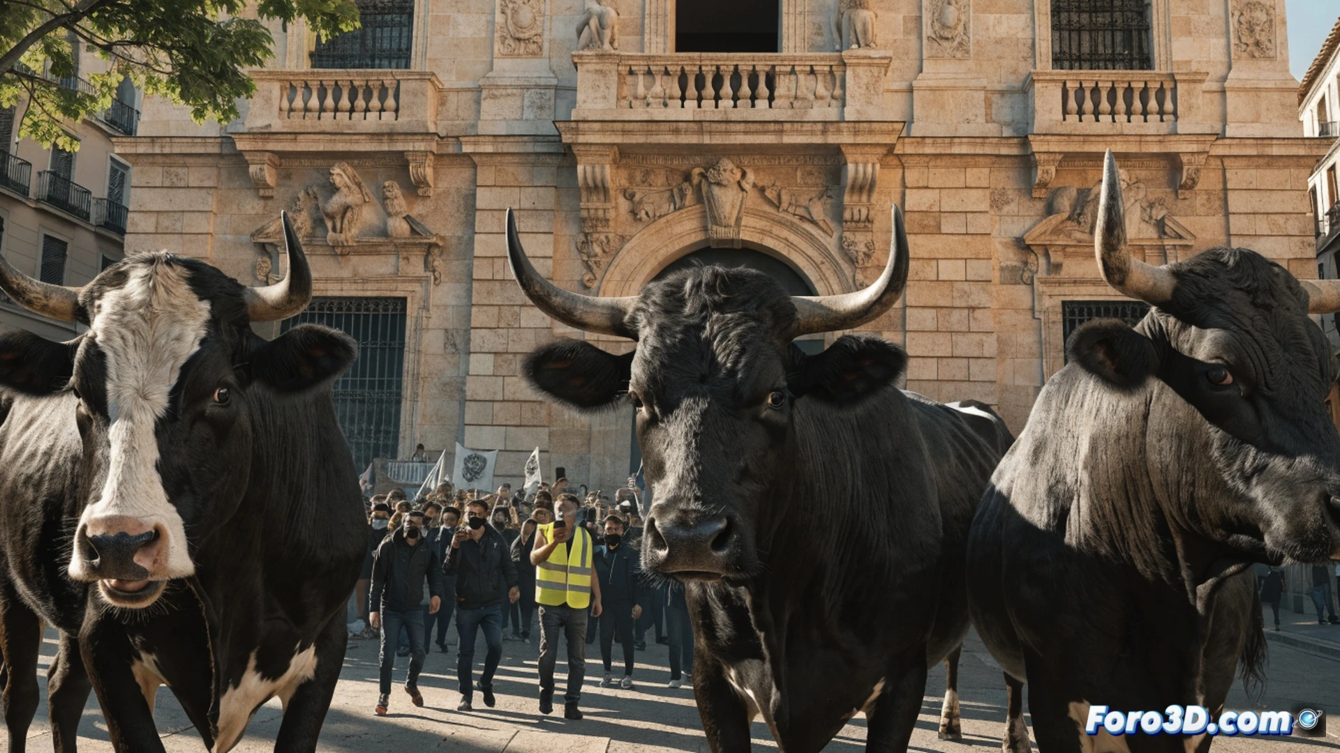 Plaza de toros nocturna en Llíria, vaca con bolas de fuego en los cuernos durante el evento, llamas anaranjadas iluminando el animal mientras un vecino desde un balcón cercano señala el peligro de incendio, astas metálicas visibles con mecanismo de sujeción de las bolas, humo denso elevándose hacia tejados de casas colindantes, cartel de prohibición parcial caído en el suelo, estilo cinematográfico realista, iluminación dramática de contraste entre fuego y sombras, textura rugosa de piedra y madera en edificios antiguos, fotografía técnica documental con alta definición.