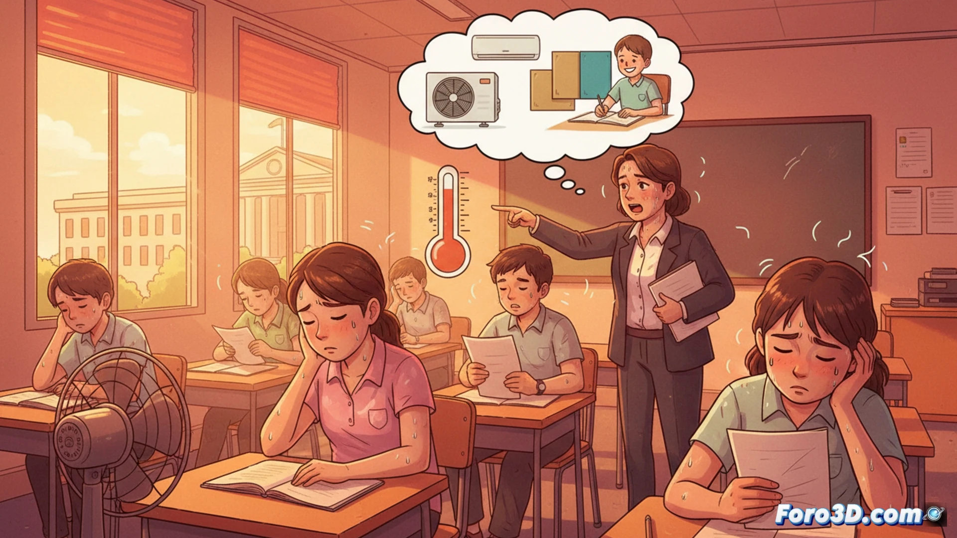 Un aula abarrotada de estudiantes sudando durante una ola de calor, ventiladores de pie rotos en esquinas, un profesor señalando un termómetro digital que marca 38 grados centígrados, ventanas sin persianas ni aislamiento, luz solar directa cayendo sobre pupitres, instalación técnica de aire acondicionado split siendo montada por un operario en la pared del fondo, tuberías de cobre expuestas, herramientas de refrigeración sobre una escalera metálica, ingeniería civil aplicada a climatización escolar, estilo fotorrealista cinematográfico, iluminación cálida y dura, contraste entre el calor sofocante y la solución técnica en proceso, textura de ladrillos y yeso deteriorado, alta definición, render técnico detallado.