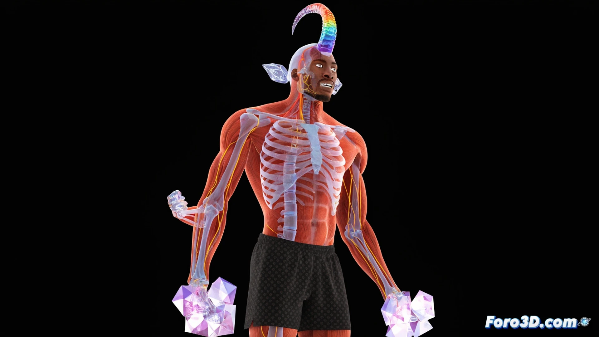 Anthony Davis biomechanical breakdown, 3D skeletal overlay showing 2.27m wingspan and flexible shoulder joints, transparent muscle tissue revealing stress points in lower legs and feet, defensive stance with arms extended blocking a basketball shot, glowing red fracture lines along tibia and metatarsal bones, technical engineering visualization, blue wireframe anatomy, metallic joint connectors, realistic muscle fiber textures, dark studio lighting with rim light on body contours, photorealistic medical illustration style