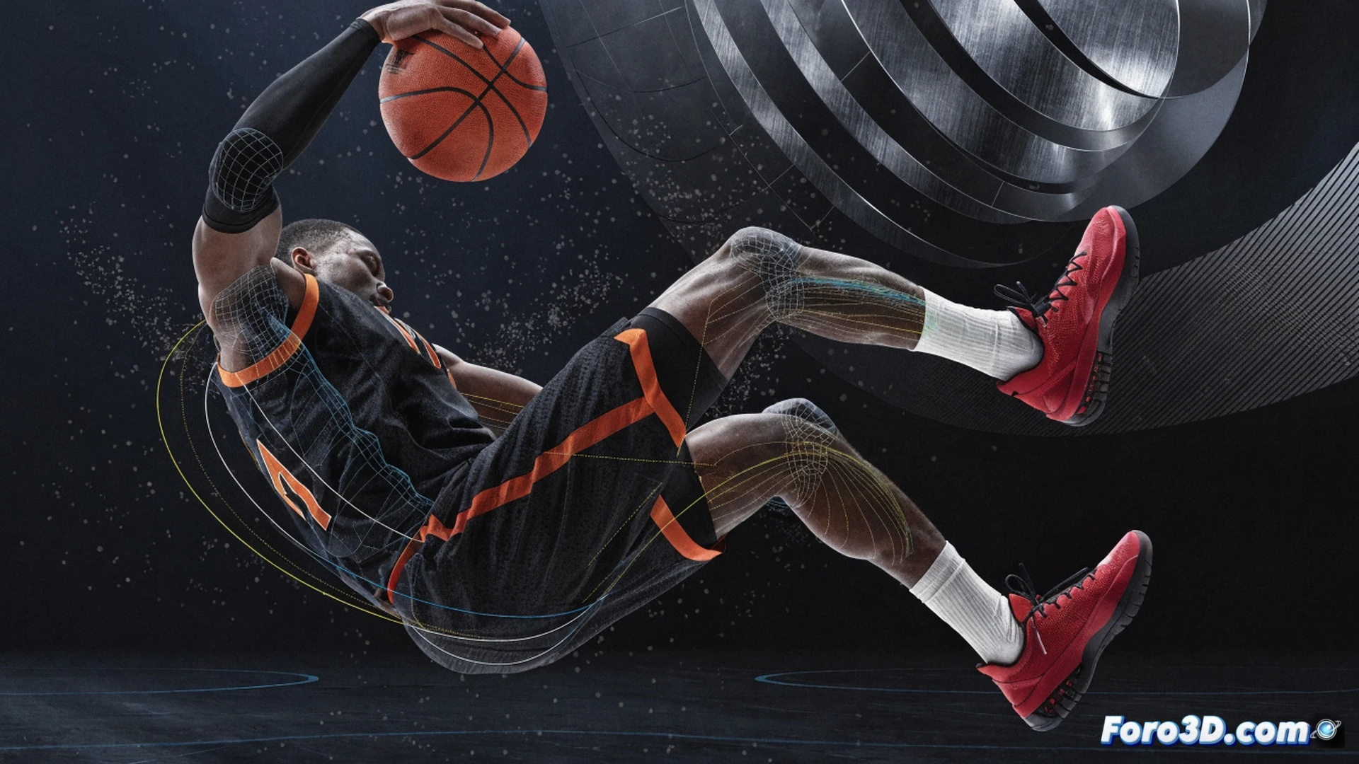 Anthony Edwards mid-air collision with invisible physics grid, body contorted mid-dunk, legs split forward and back, arms windmilling, basketball compressed against rim, motion capture dots on his jersey, glowing force vectors radiating from his calves and hips, wireframe skeleton visible through translucent skin, basketball hoop with strain gauge sensors, wooden court floor with pressure mapping tiles, cinematic sports science visualization, dramatic arena lighting, high-speed shutter effect, particles of sweat frozen in air, photorealistic biomechanical render