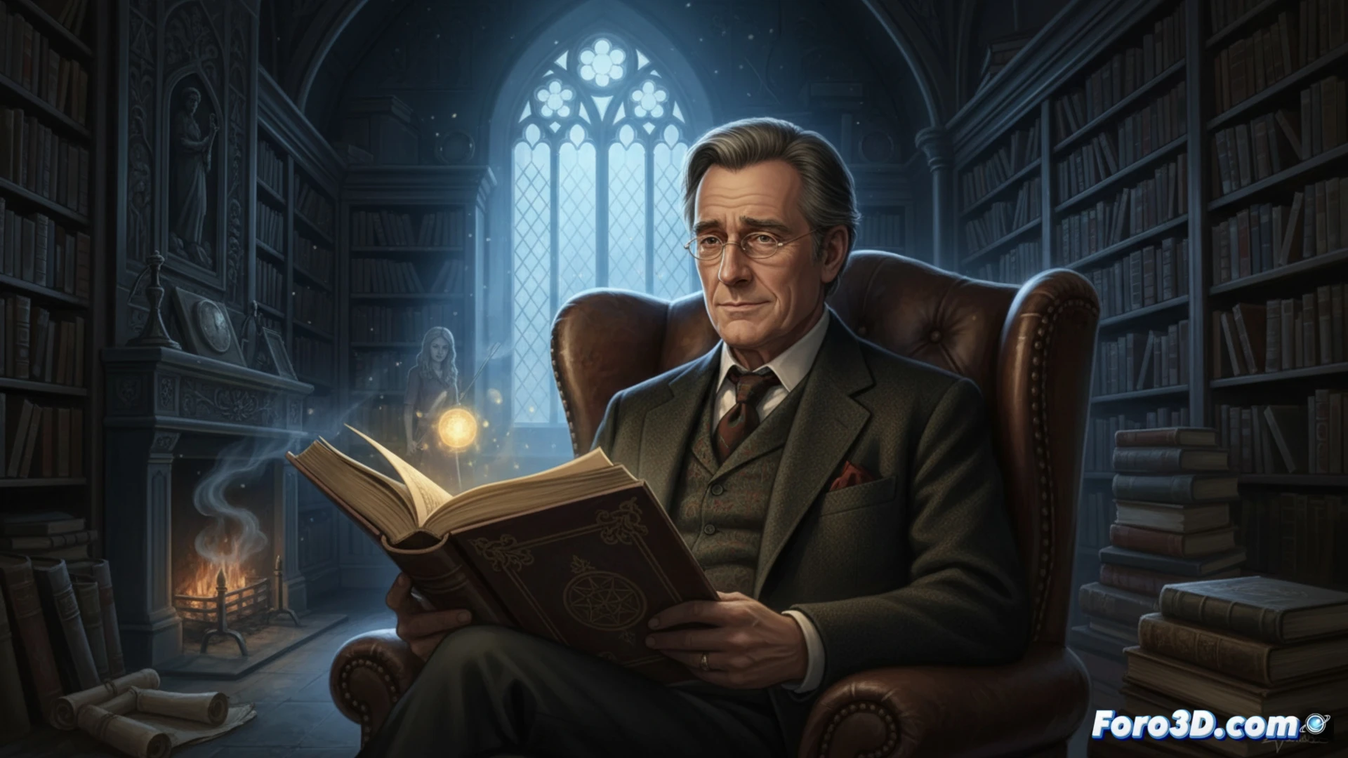 Anthony Head as Rupert Giles in the Sunnydale High library, standing at a wooden desk while holding an open ancient book, one hand resting on a worn leather-bound volume, a glowing computer monitor displaying Buffyverse text on the right side, a wooden stake and a crossbow leaning against a bookshelf behind him, warm amber lamplight illuminating dust particles in the air, bookshelves filled with occult tomes and technical reference manuals, calm and scholarly expression, cinematic portrait style, dramatic chiaroscuro lighting, photorealistic detail, soft lens focus on his face and hands, background showing stacks of library books and a vintage typewriter, nostalgic melancholic atmosphere, 4k ultra-realistic render