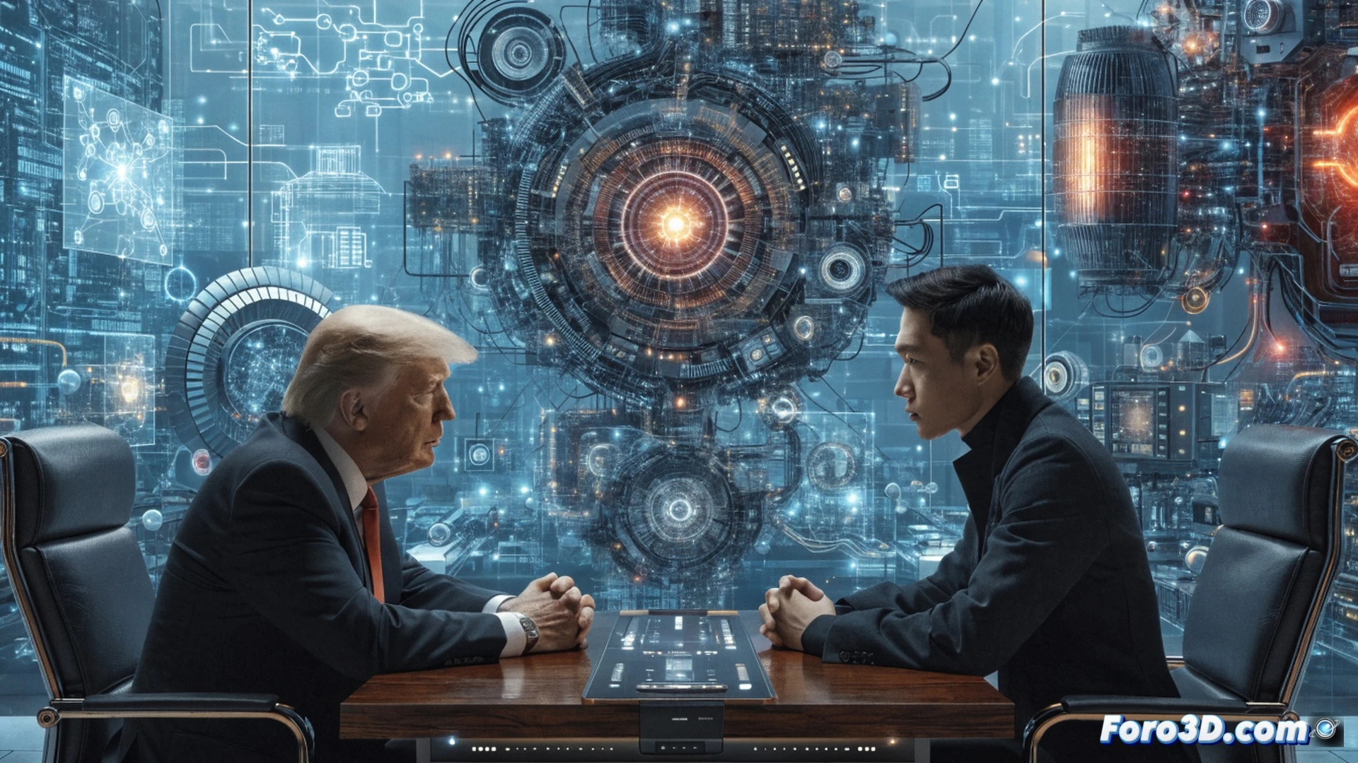 Anthropic senior engineers in suits presenting a holographic neural network diagram to Trump officials in a wood-paneled Washington office, a glowing Fable 5 AI model suspended mid-air with red blocked status symbols, IPO documents stacked on a table showing a 200 billion dollar valuation, a countdown clock on the wall reading June 21, concerned citizens visible through a window watching the negotiation, photorealistic cinematic lighting, ultra-detailed facial expressions, polished mahogany desk with technical blueprints, dramatic shadows emphasizing tension, engineering visualization style