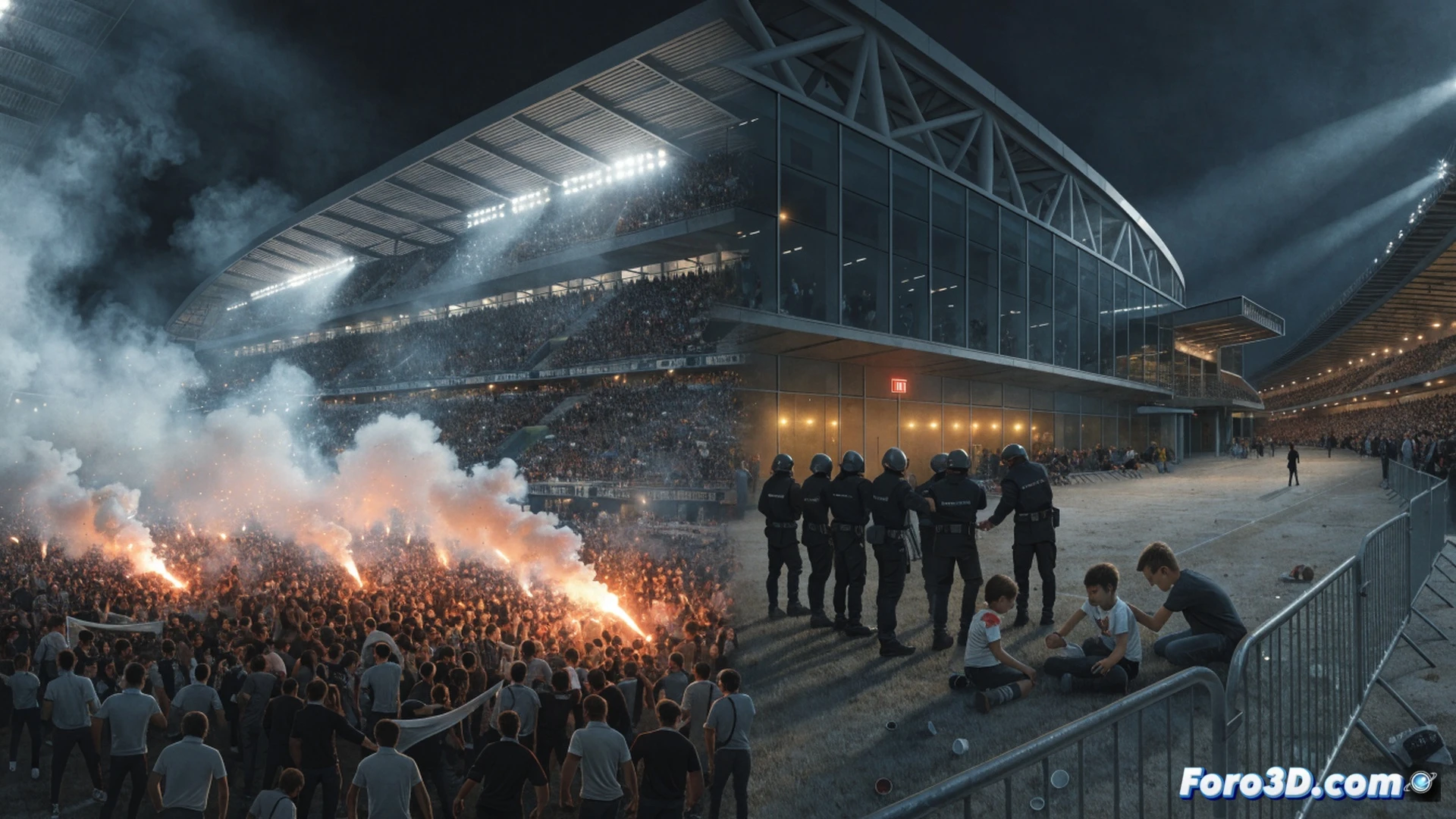 estadio de fútbol nocturno vacío con rejas metálicas cerradas y candados industriales, aficionados presionando desde fuera contra las vallas de seguridad, agentes de seguridad revisando cámaras de vigilancia en una sala de control monitorizando pantallas con mapas de calor de zonas del campo, bengalas apagadas en el césped y asientos rotos dispersos, estilo cinematográfico fotorrealista, iluminación dramática con focos azules y rojos, textura de hormigón y acero oxidado, atmósfera tensa de alta definición técnica