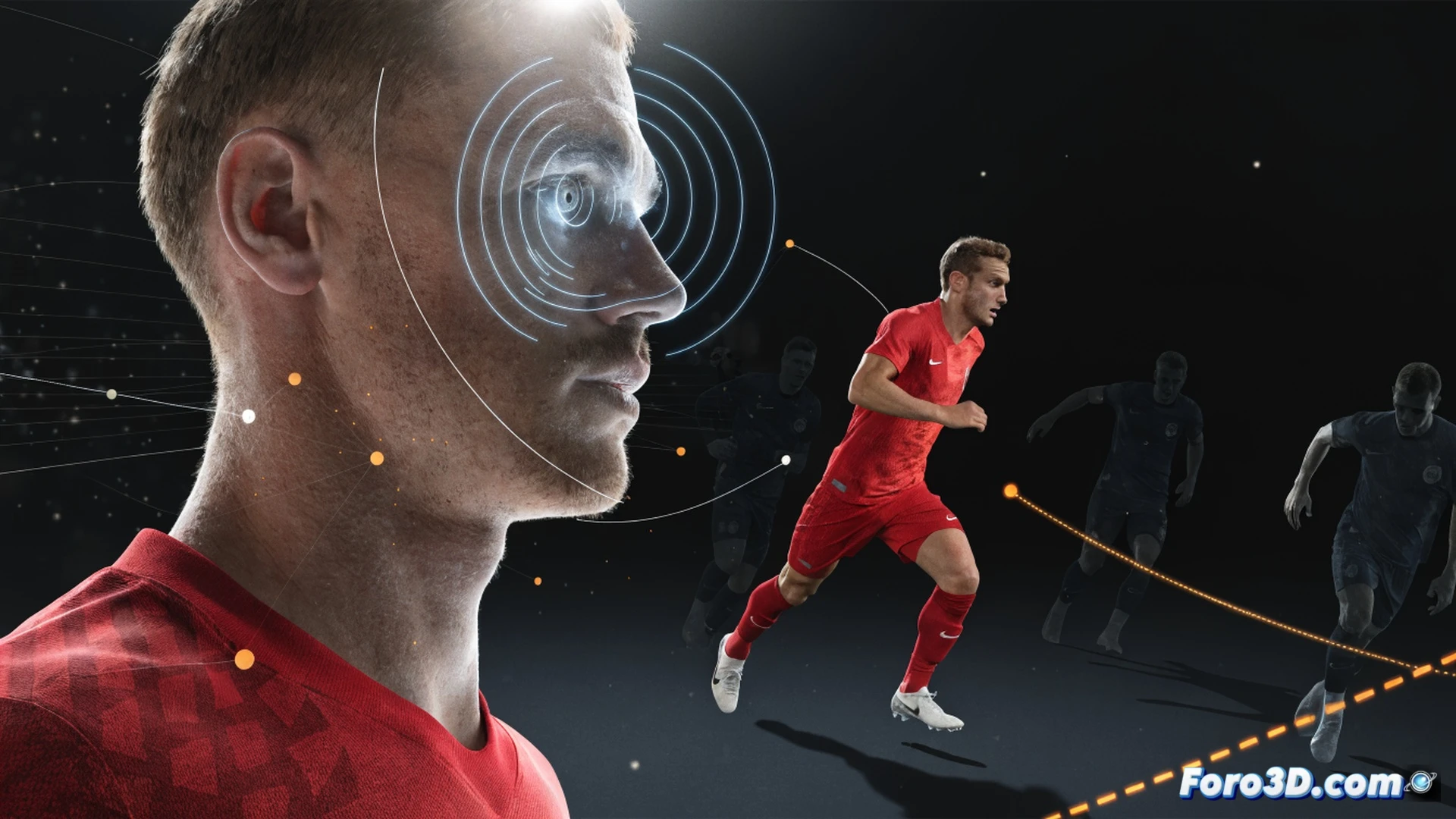 Antoine Griezmann en acción sobre un campo de fútbol, mostrando un desmarque de rotura hacia el espacio libre mientras mira por encima del hombro, con líneas de trayectoria en 3D y datos de posicionamiento flotando a su alrededor, un visor de análisis táctico con gráficos de calor y vectores de movimiento superpuestos, estilo cinematic technical illustration, iluminación dramática de estadio, texturas realistas de césped y equipación, alta definición en sombras y reflejos, perspectiva dinámica desde el nivel del suelo.