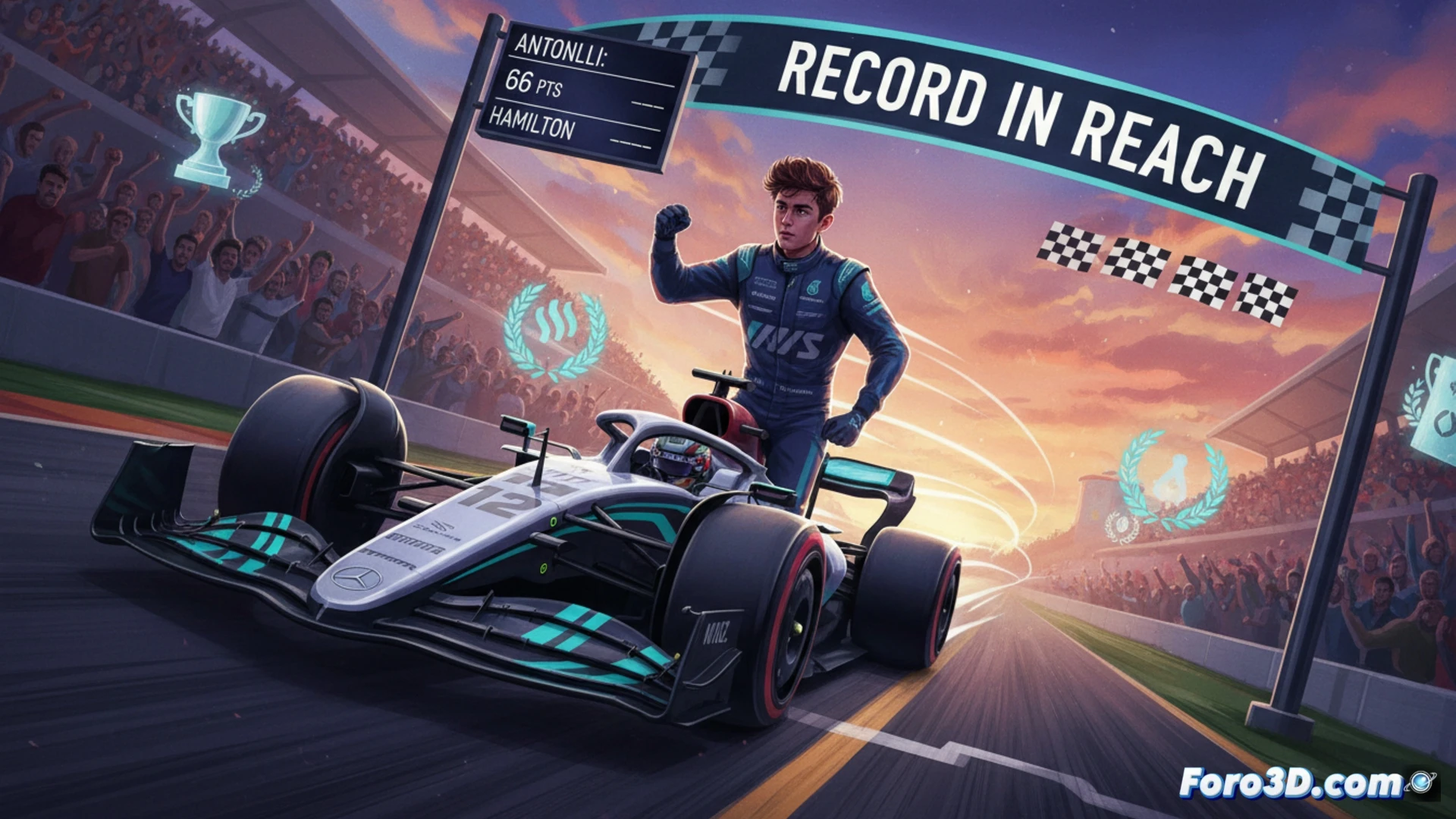 F1 racing car number 12 crossing finish line at high speed, front wing slicing through air, rear tire smoke and debris kicked up, glowing brake discs, steering wheel with digital dashboard visible through cockpit, pit wall timing screens showing race leader data, dramatic sunset lighting, motion blur on track surface, carbon fiber texture details, cinematic motorsport photography style, photorealistic engineering visualization, intense competitive action frozen mid-race