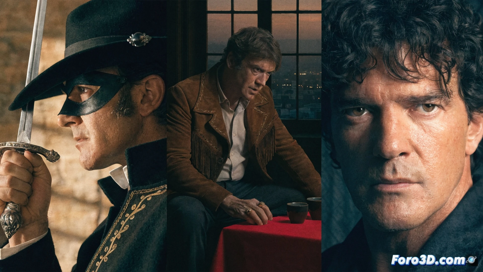 Cinematic scene of Antonio Banderas in a dual role, left side wearing Zorro costume holding a sword mid-swing, right side as Salvador Mallo from Pain and Glory painting on canvas, film reels and editing software interface floating between both figures, movie clapperboard and camera lens in foreground, dramatic split lighting with warm amber and cool blue tones, photorealistic technical visualization, showing transition from action hero to dramatic actor, detailed fabric textures and brush strokes, professional film studio atmosphere, ultra-realistic skin and costume details