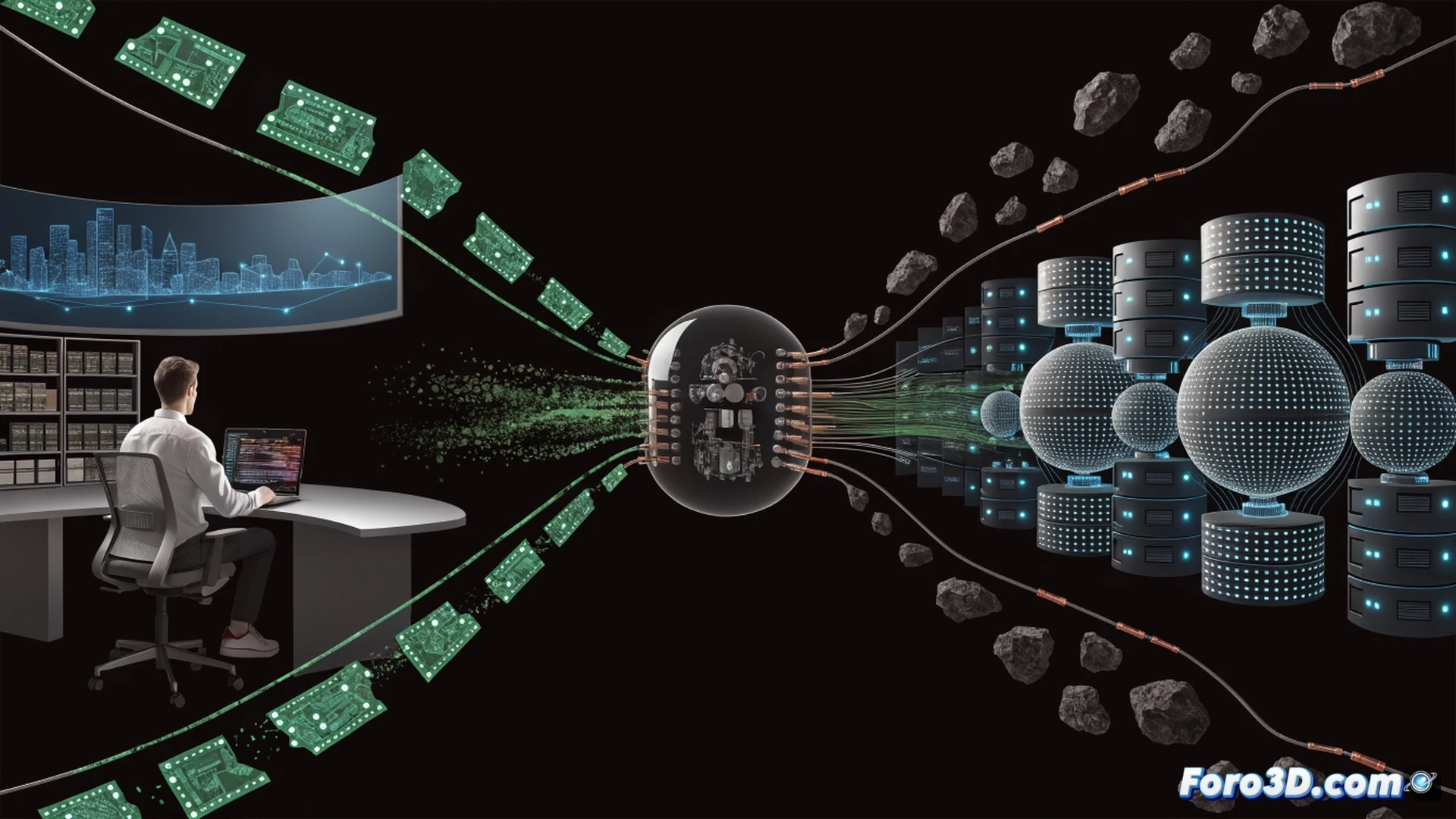 cyber attack scene showing a user clicking a sponsored Google ad on a laptop screen, malware download process visualized as a glowing red chain entering the system, OXLOADER file icon transforming into CastleStealer code structure, browser password vault being cracked with digital lockpicks, bank login page appearing in background, wires connecting laptop to a dark server silhouette, cinematic technical illustration style, dark blue and red lighting, sharp focus on screen and keyboard, photorealistic cyber security visualization