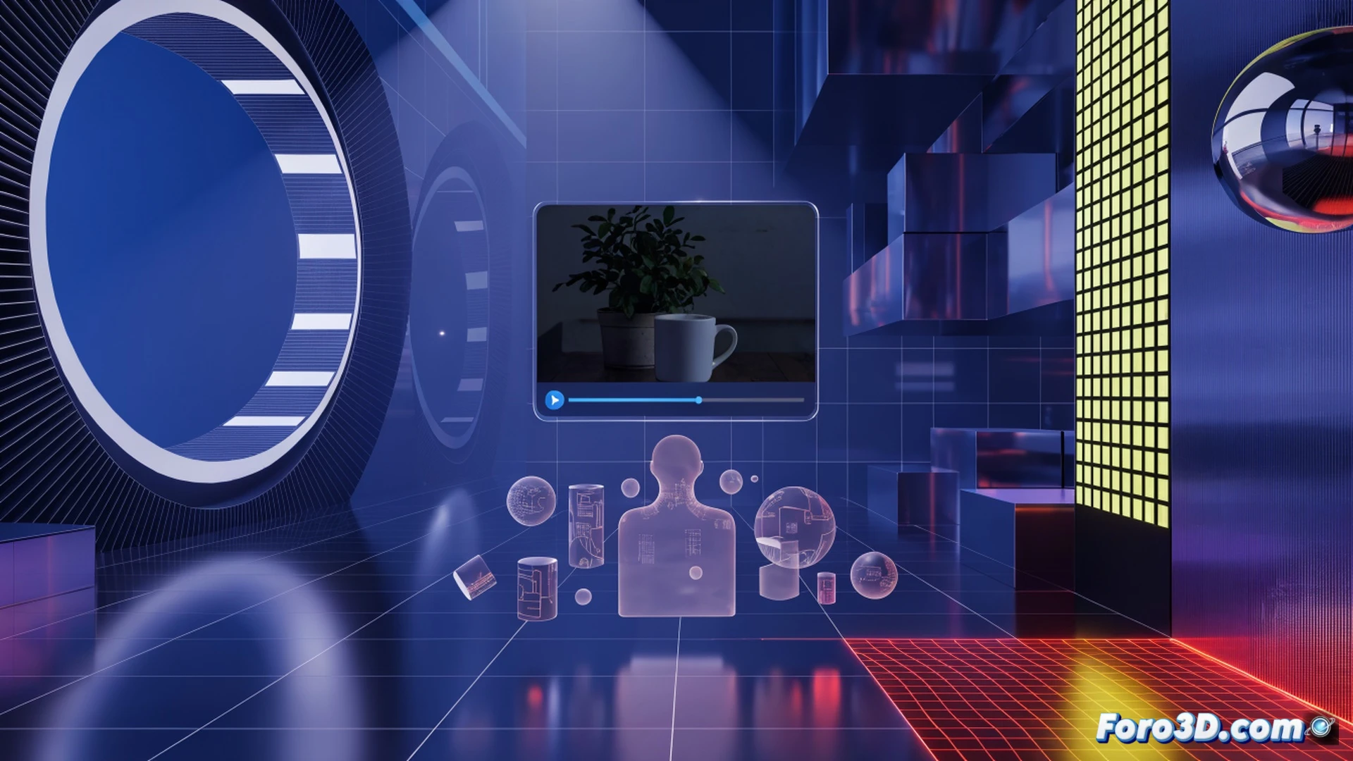 Cinematic 3D scene showing a paused video player interface, translucent holographic product advertisement emerging from the pause button, floating geometric shapes and particle effects drifting around the ad, video timeline bar frozen mid-progress, subtle glow illuminating the ghostly 3D object, dark background with soft ambient light, photorealistic technical illustration, motion blur on particles, smooth metallic textures, no text or numbers visible, demonstrating the moment of silent brand activation during video pause