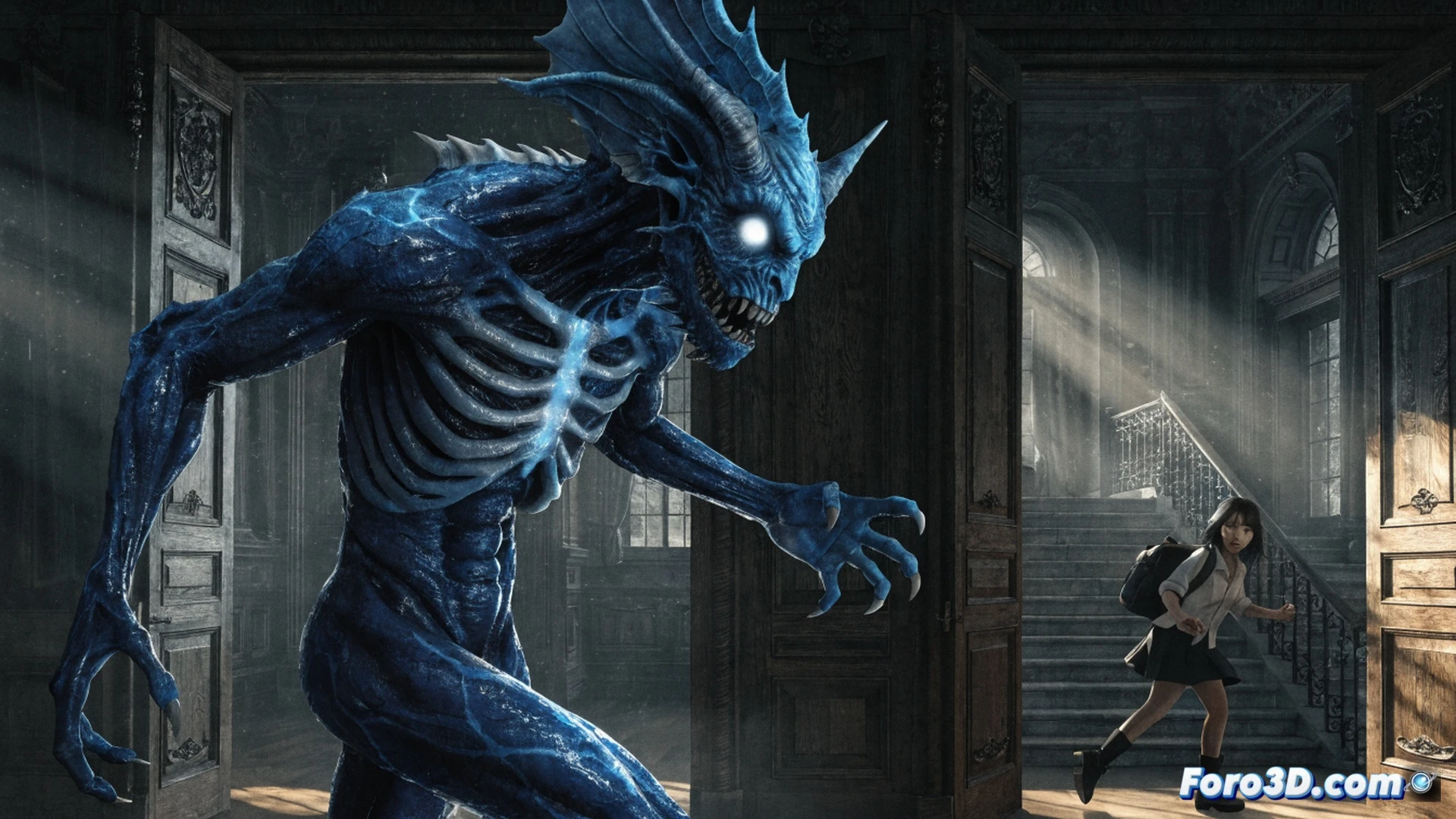 PS5 console glowing blue in a dark room, Ao Oni monster emerging from a TV screen, blue digital particles scattering, Ai character running through a mansion corridor while holding a puzzle piece, speed mode timer overlay with motion blur, cinematic horror visualization, neon blue and black color palette, realistic shadow casting, dramatic volumetric lighting, photorealistic game render, action scene with monster chasing Ai, detailed mansion interior with wooden floors and broken windows, glowing blue eyes on the monster, high-contrast lighting, ultra-detailed textures, suspenseful atmosphere
