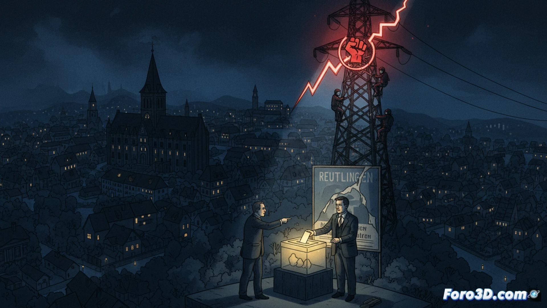 Aerial view of a German city at night with a large dark zone covering residential blocks, while the city center and a hospital remain brightly lit, police cars with flashing blue lights positioned at a main electrical substation, a technician in high-vis gear inspecting a damaged control panel with wires exposed, cinematic photorealistic style, dramatic chiaroscuro lighting, security camera angle, urban landscape with a few streetlights dimly glowing, smoke rising from a small fire near the substation fence, realistic textures of metal and asphalt, tense atmosphere
