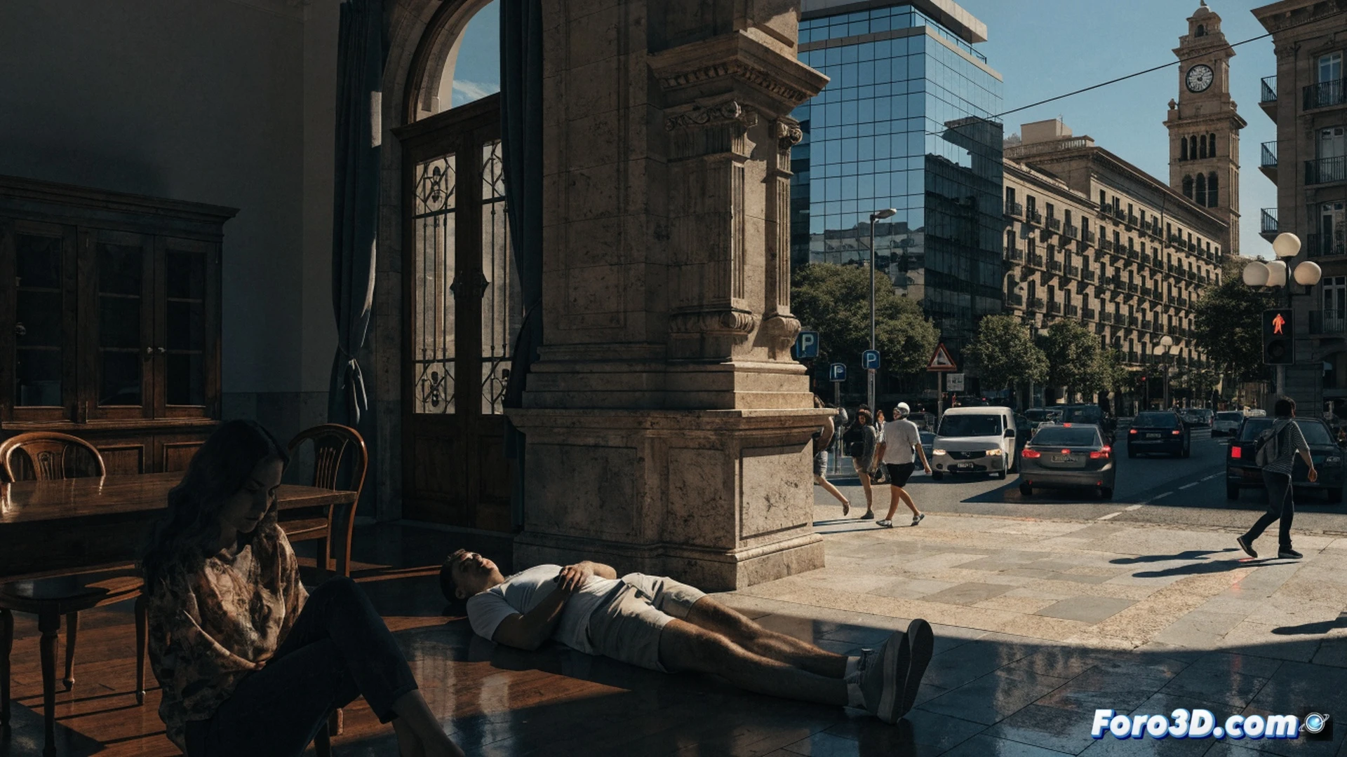 photorealistic cinematic scene of a modern city street in Zaragoza at noon, intense sunlight casting harsh shadows, a row of shopfronts with dark windows and no lights, a traffic semaphore frozen dark, people standing on the sidewalk looking at their phones in confusion, a technician in hi-vis vest opening an electrical distribution cabinet on the pavement, exposed circuit breakers and fuses inside, heat haze rising from the asphalt, metallic poles and power lines overhead, dramatic contrast between bright sky and dim store interiors, realistic urban engineering visualization