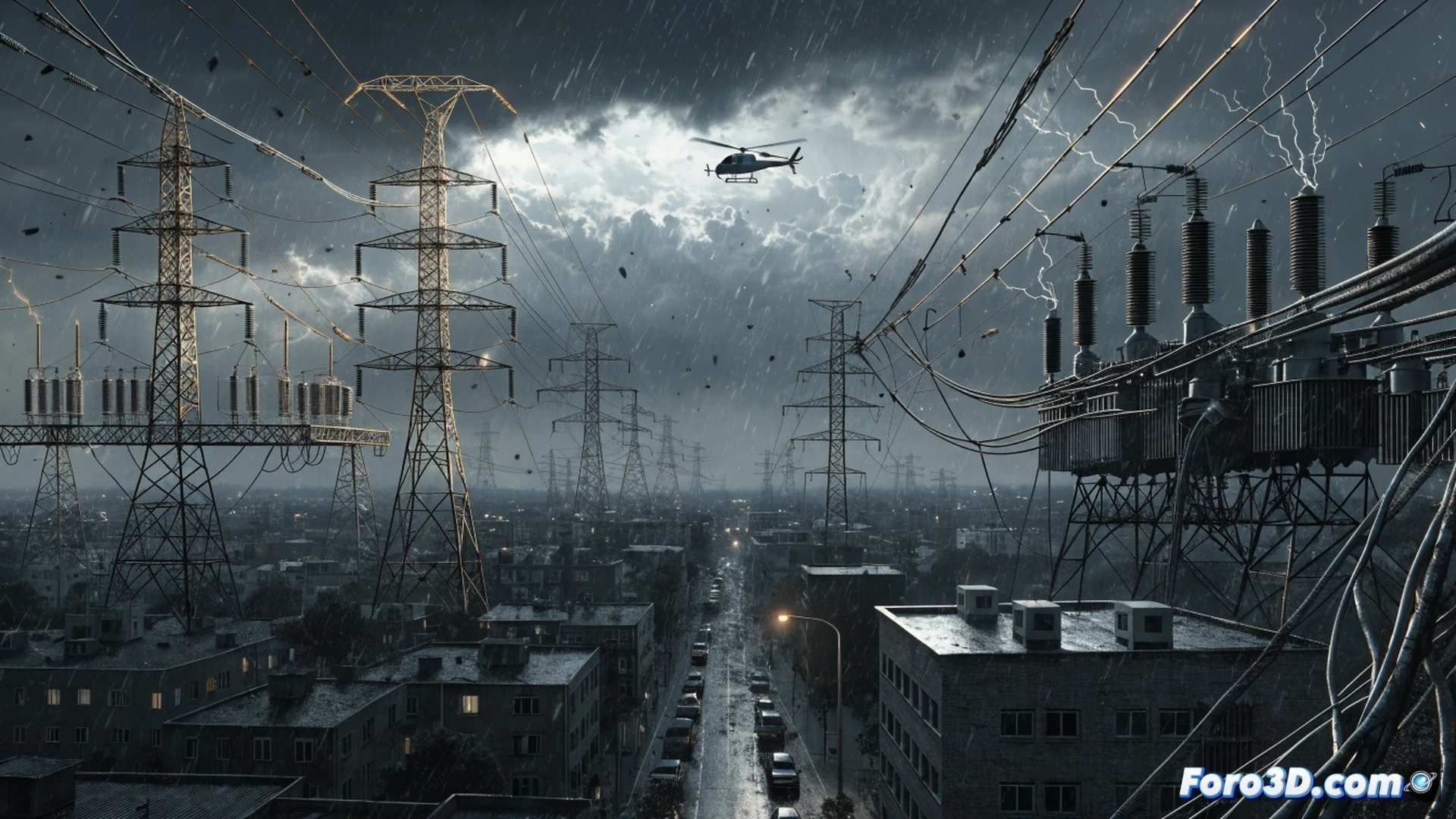 urban electrical substation in Zaragoza during a heatwave, transformers overheating with visible heat waves rising, warning lights blinking red on control panels, cables sagging under extreme temperature, a technician monitoring a thermal imaging camera showing critical hotspots, storm clouds gathering in the background, cracked concrete ground from thermal stress, cinematic photorealistic engineering visualization, dramatic orange and blue lighting, smoke curling from overloaded components, ultra-detailed industrial equipment, technical illustration style