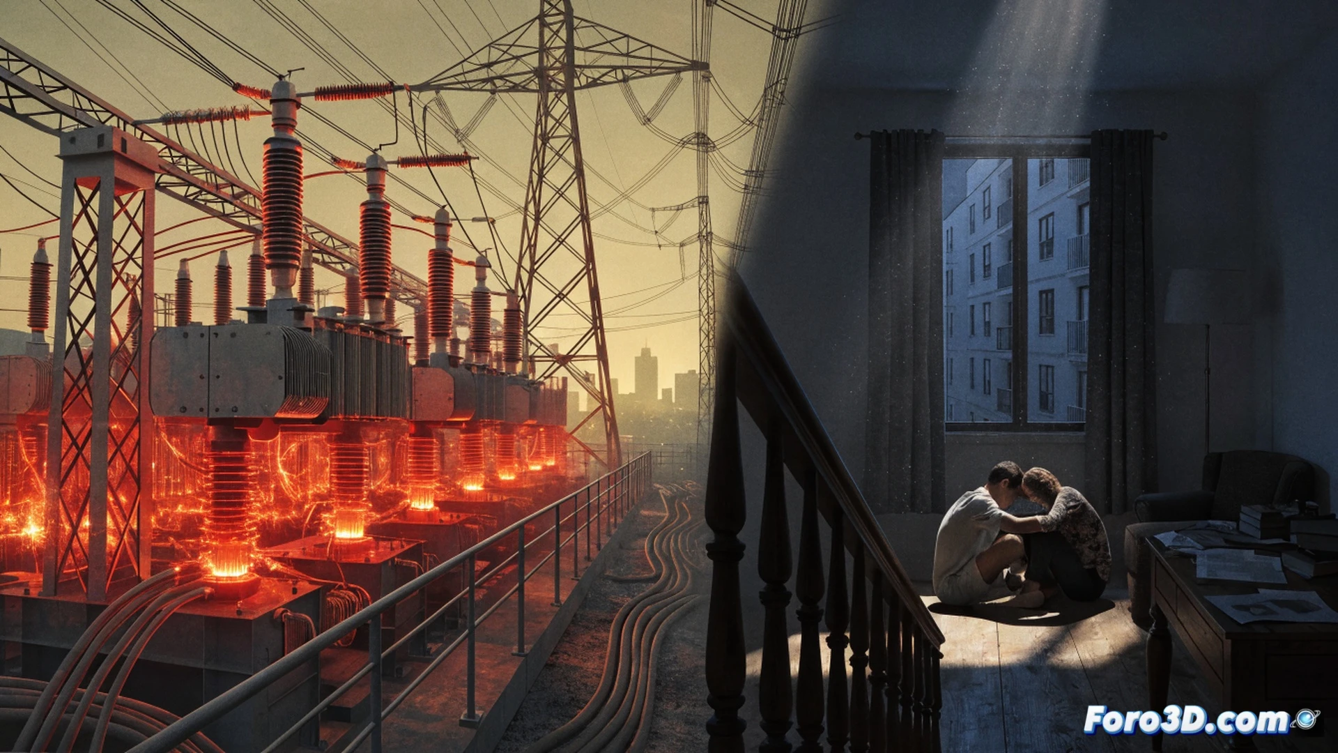 antique electrical transformer station during heatwave, cracked ceramic insulators glowing orange from overload, arcing sparks jumping between rusted busbars, maintenance worker in sweat-soaked uniform staring at a thermal camera showing red-hot failure points, control room in background with flickering screens displaying cascading grid collapse, dust rising from dry ground, cinematic engineering visualization, dramatic sunset heat haze, photorealistic industrial decay, ultra-detailed metal corrosion and electrical components, high contrast lighting with deep shadows