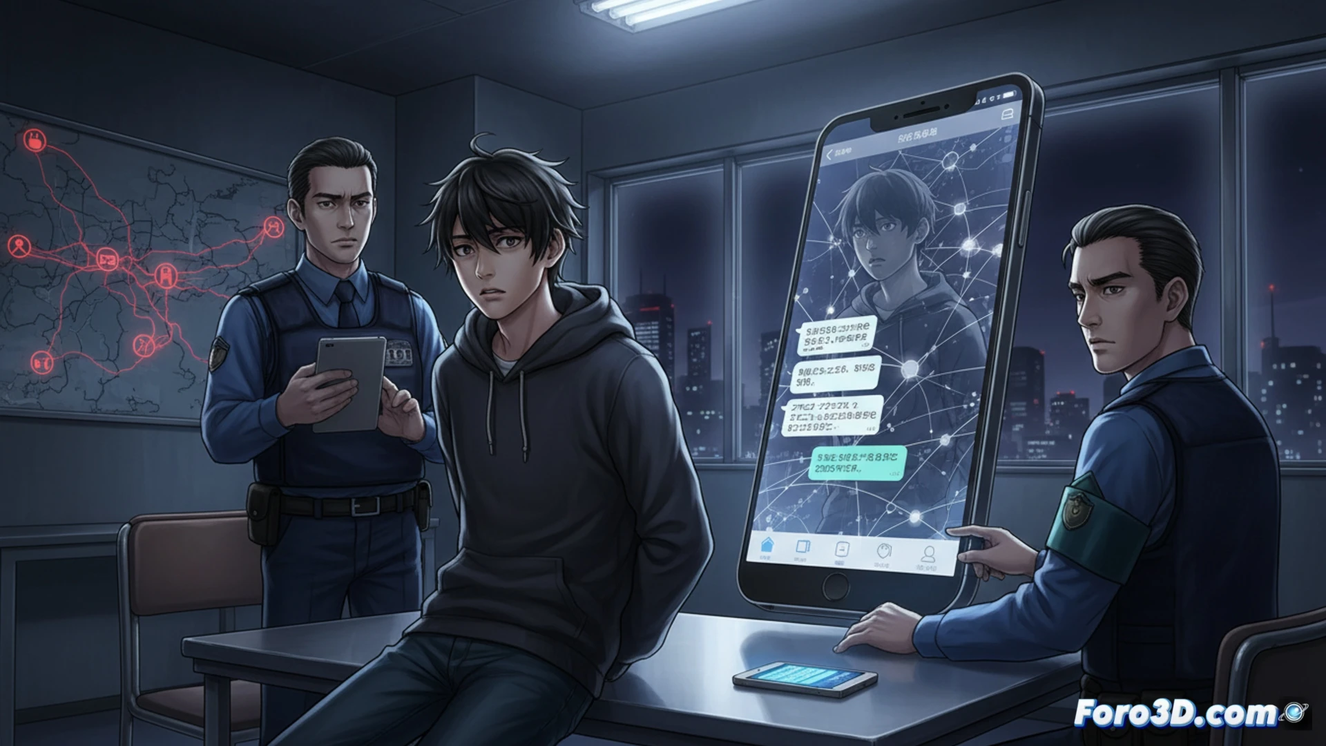 Smartphone screen glowing in a dark room, chat interface showing a recruitment message from an adult account to a teenage profile, a 16-year-old boy's hand hesitating over the keyboard while another hand passes a ski mask and crowbar into the frame, digital warning icons subtly overlaying the screen, cinematic crime thriller style, high-contrast lighting with blue screen glow and deep shadows, photorealistic technical illustration, tense action frozen mid-scroll, demonstrating the moment of criminal persuasion.