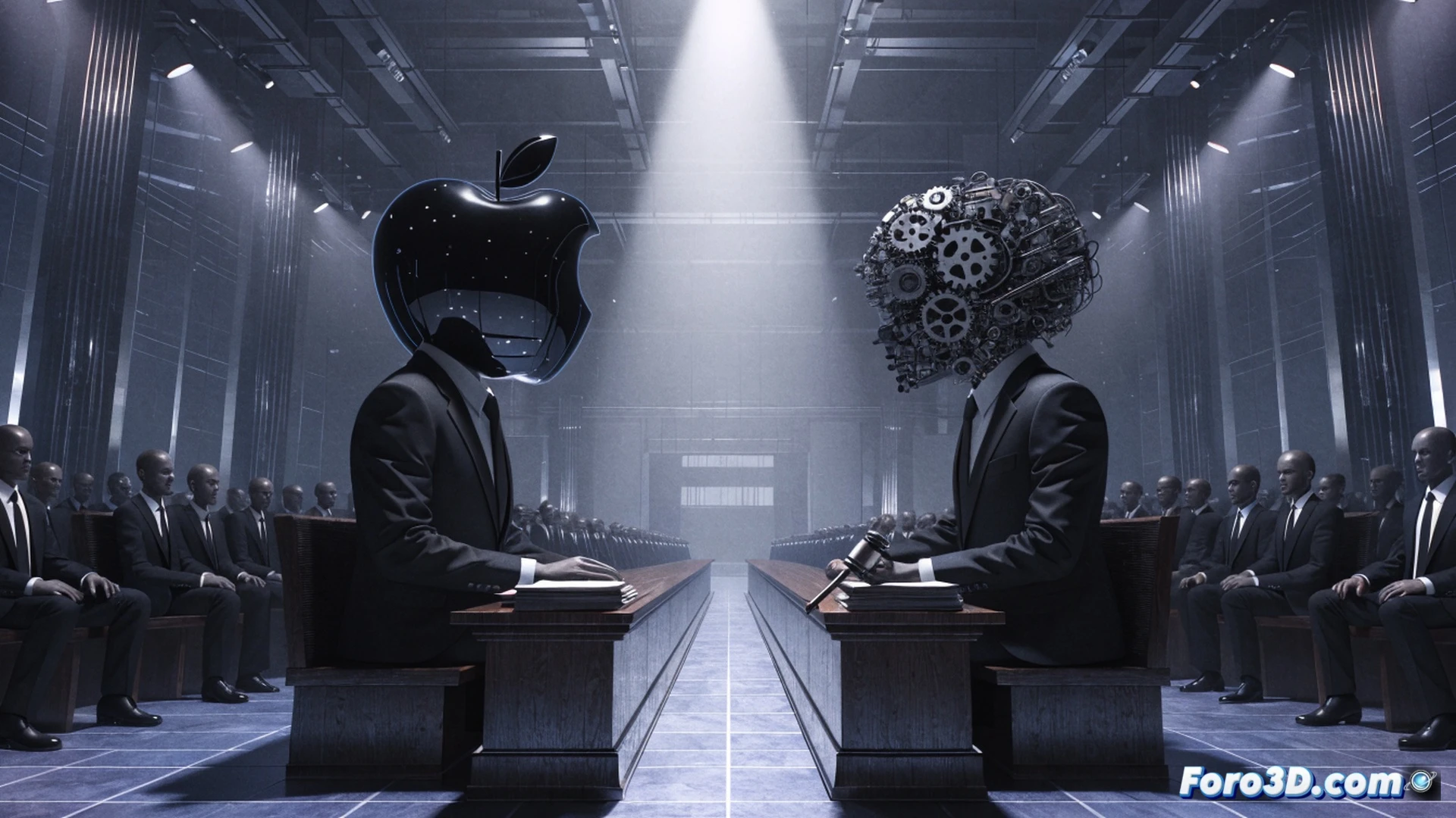 Cinematic wide shot of a courtroom interior, a giant iPhone model cracked in half on a wooden table, glowing digital patent documents floating above it like a shield, a lawyer pointing at a complex data transmission diagram on a holographic screen showing 5G signal paths from Ericsson and Samsung patents, a shadowy consumer silhouette in the background holding a credit card while coins fall from a broken Apple logo, photorealistic technical illustration, dramatic high-contrast lighting, polished metal gavel in foreground, ultra-detailed legal documents and circuit board patterns, tense atmospheric blue and amber colors