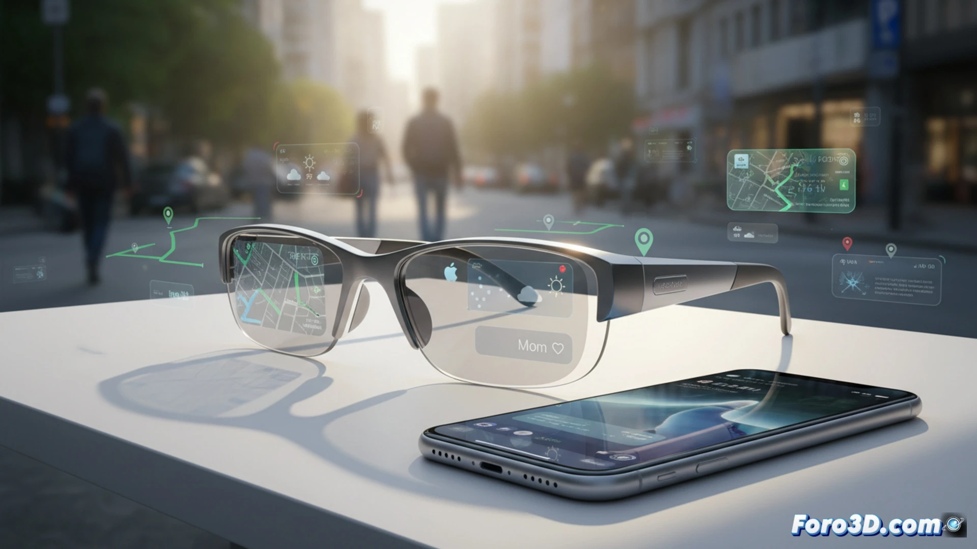 Gafas inteligentes Apple AR diseño moderno sobre fondo azul con iconos de realidad aumentada