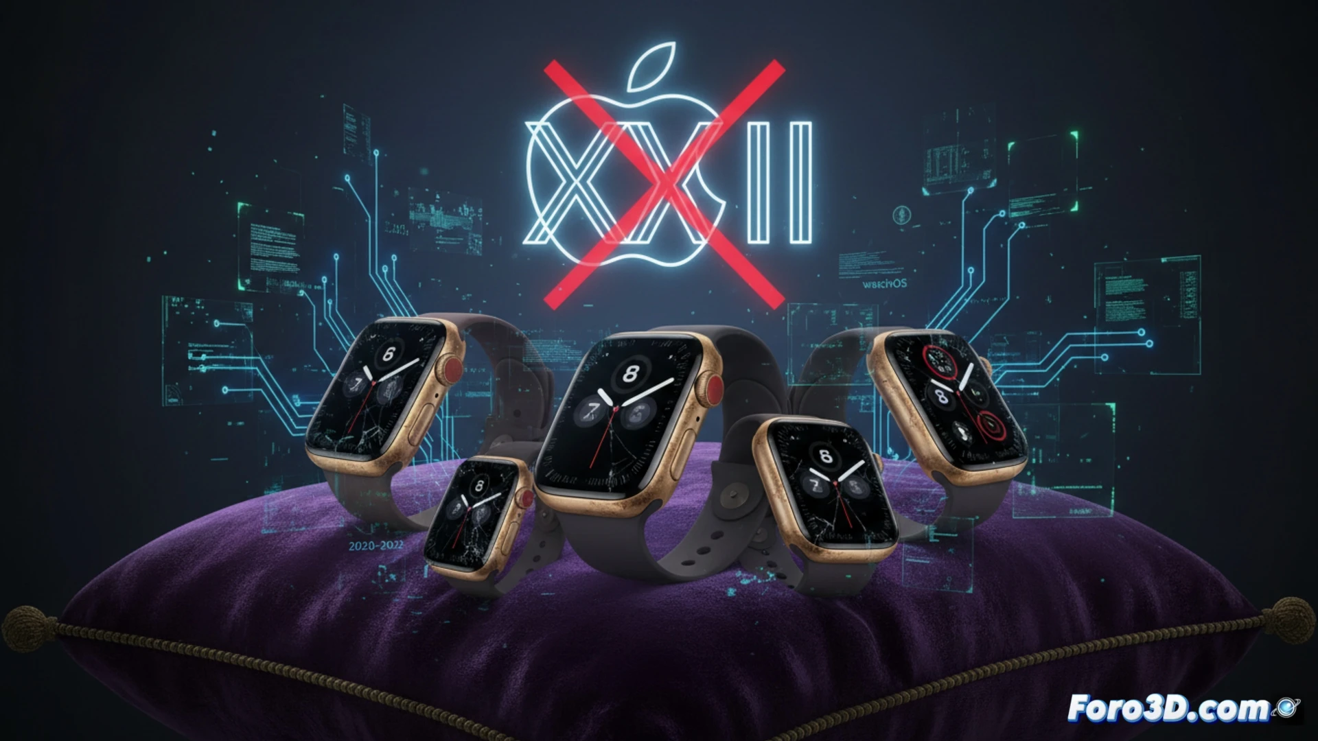 Apple Watch Series 6, 7, 8 and SE2 models lying on a repair bench, a robotic arm holding a watchOS 27 chip above them while a red X symbol appears over the disconnected charging dock, showing the process of software abandonment, technical illustration style, metallic watch bodies with cracked screens, glowing red warning lights on the motherboard, dust particles on the circuit board, photorealistic engineering visualization, dramatic overhead lighting, cold blue and red color contrast, ultra-detailed mechanical components