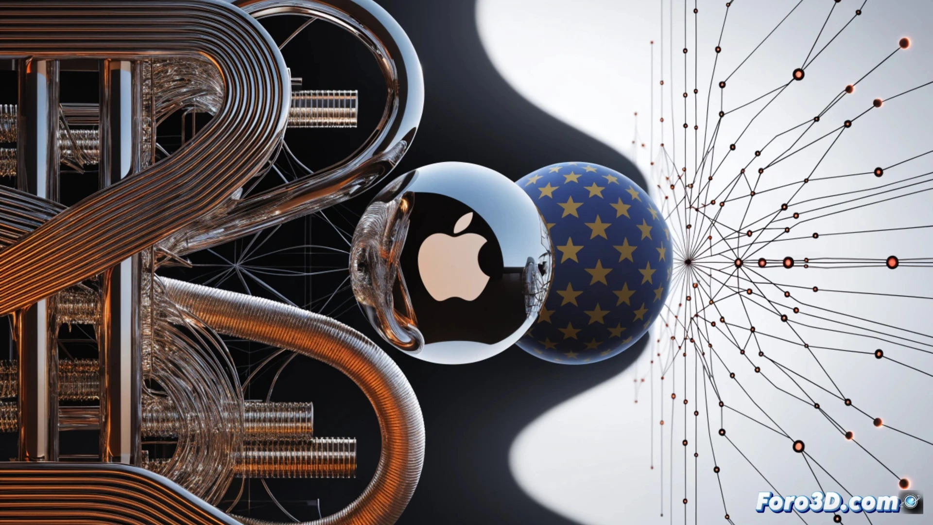 photorealistic technical illustration of a giant metal fortress shaped like an apple, its gates sealed with a padlock labeled DMA, while a miniature EU flag hangs from a broken gear outside, inside the fortress robotic arms dismantle a glowing circuit board labeled AI, sparks fly from the disconnected neural network cables, the fortress walls are lined with surveillance monitors showing a single green line profit graph rising, while outside a crowd of smaller android figures holding open-source tools try to plug into a wall socket labeled interoperability, the scene has cold blue and red industrial lighting, metallic reflections, cinematic depth of field, ultra-detailed mechanical textures, no text or numbers visible