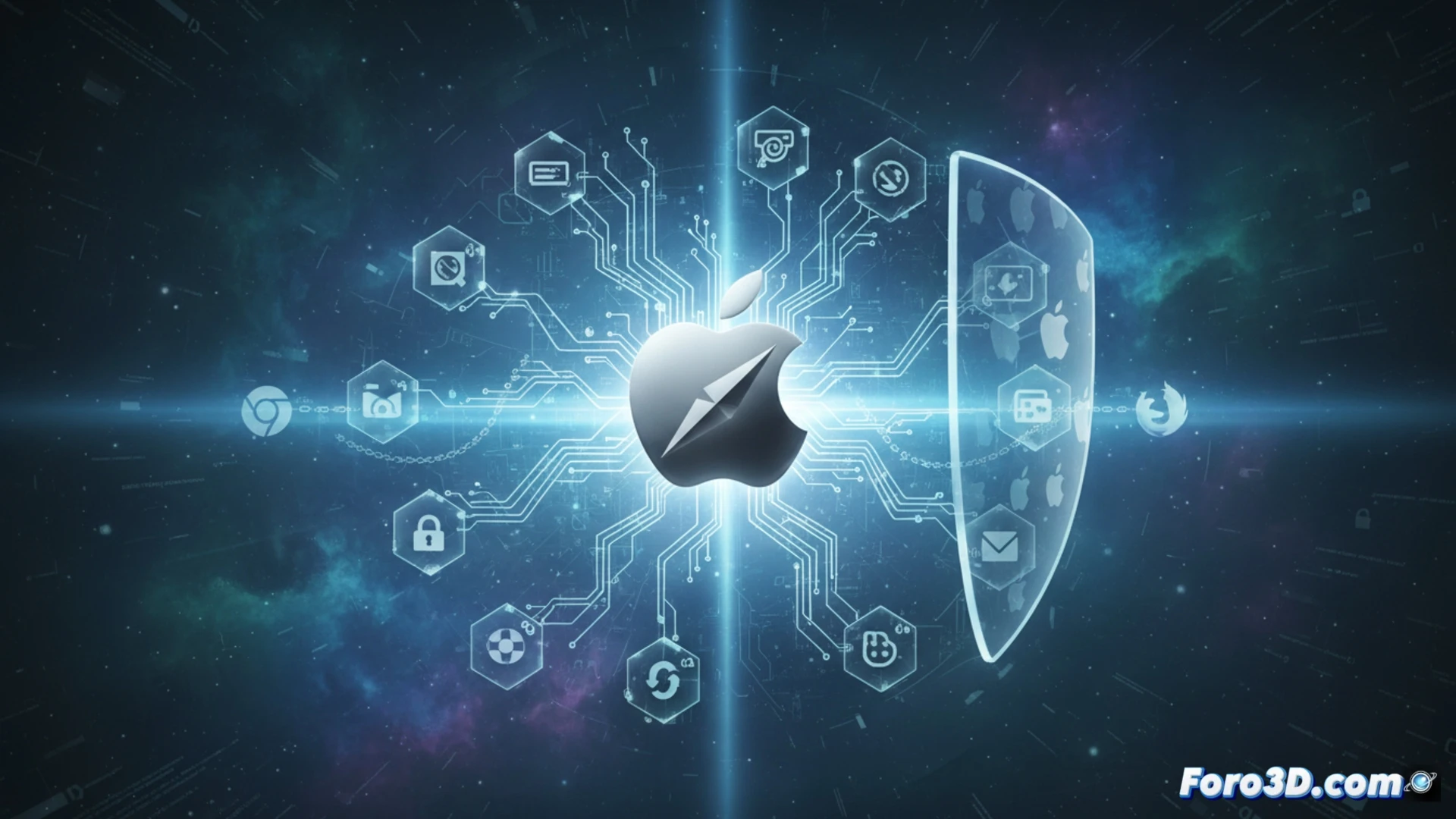 Safari browser window interface on a Mac display, AI assistant icon glowing in corner while user types natural language description, code snippets and extension blocks assembling automatically inside the browser, padlock and shield symbols fading around the extension perimeter, Apple ecosystem wall enclosing the browser with minimal plugin ports visible, cinematic engineering visualization, dark mode interface with blue neural network lines connecting user input to extension creation, photorealistic technical illustration, metallic Apple logo subtly reflecting control mechanisms, dramatic low-key lighting emphasizing the closed ecosystem boundary
