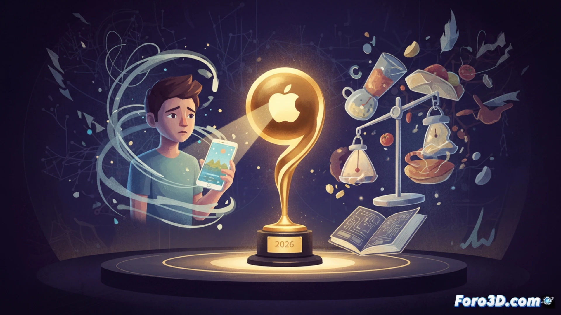 adolescent girl silhouette sitting cross-legged on bedroom floor, glowing smartphone screen showing fragmented game interface with fork and plate icons dissolving into swirling particles, anxious expression while touching stomach, half-eaten apple beside her, warm dim room lighting contrasting with cool blue screen glow, minimalist bedroom with game console and headphones on desk, photorealistic emotional scene, soft focus on background clutter, cinematic composition emphasizing isolation and digital connection, subtle motion blur on floating particles representing anxious thoughts