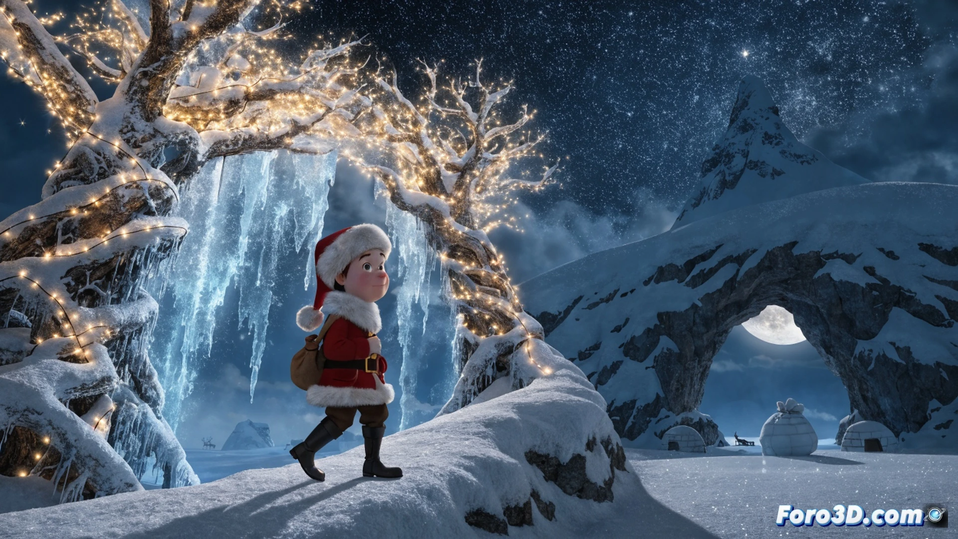 young Santa in a red hooded parka building a wooden sleigh in a snow-covered arctic workshop, small glowing tools and gears floating around him while he assembles a golden compass, cinematic animation style, warm lantern light contrasting with cold blue snow outside the window, detailed wooden textures, metallic components reflecting sparkles, soft snow falling through a cracked roof, whimsical technical illustration, dynamic action pose as he tightens a bolt, photorealistic holiday render