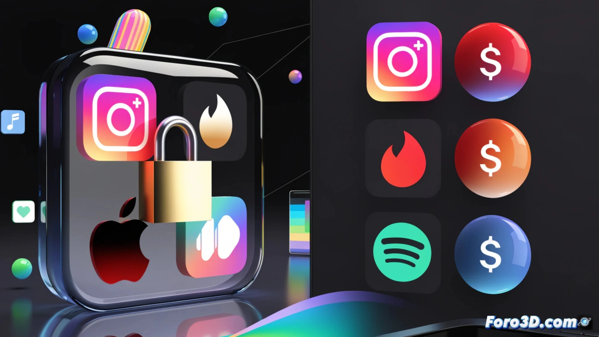 Photorealistic technical illustration of an iPhone screen interface showing a subscription bundle checkout process, Instagram Plus and Tinder Platinum logos combined in a single package, a large red 30% commission fee icon hovering over the total price, while a separate smaller panel displays the lower cost of buying each subscription individually, dramatic overhead lighting casting shadows on the glass screen, ultra-detailed UI elements with glowing edge highlights, app store environment with blurred background of digital purchase confirmations, cinematic product photography style