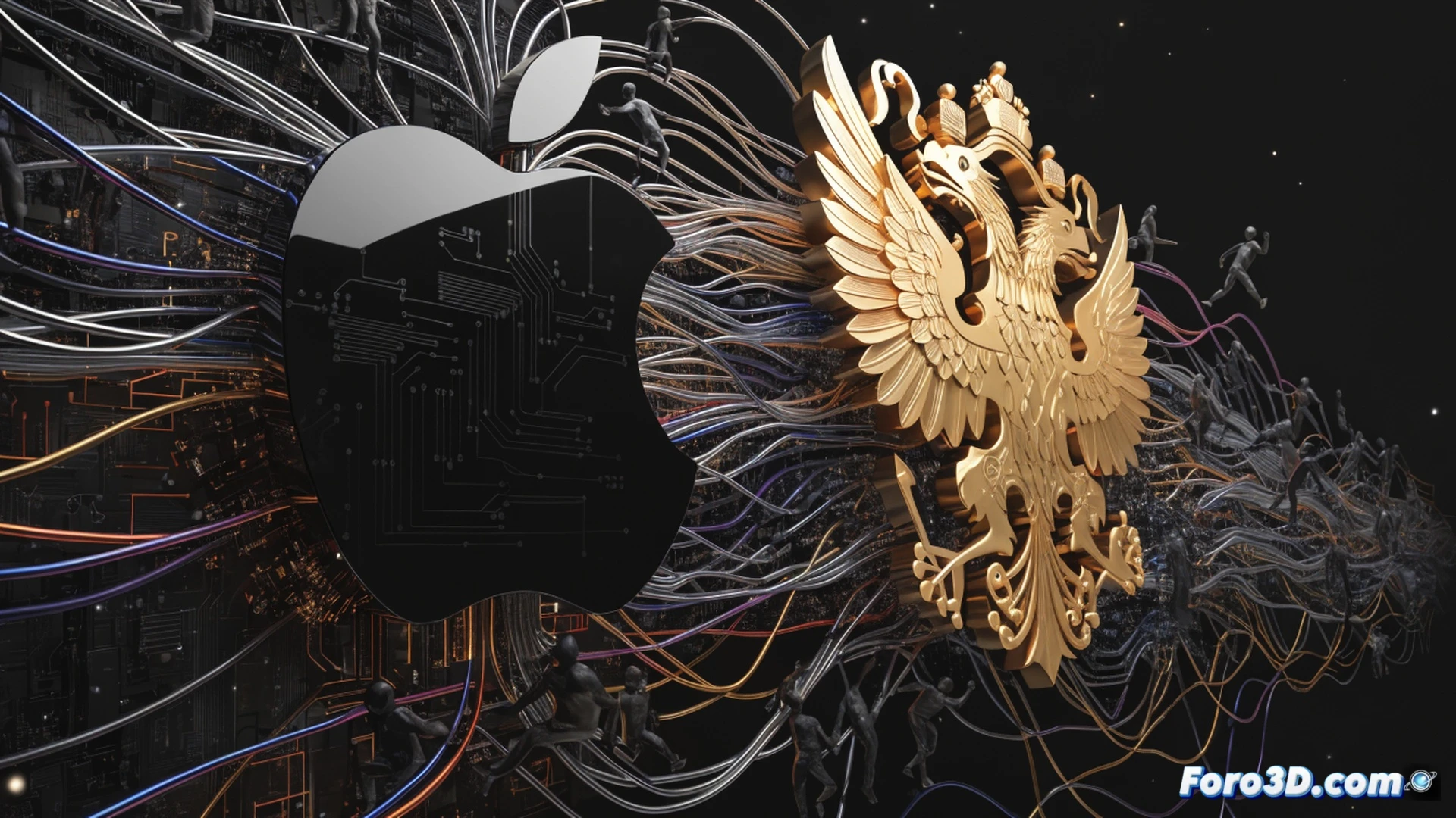 Cinematic photorealistic scene of a smartphone suspended in midair between two massive mechanical hands, one red with a bitten apple logo glowing, the other green with a Russian double-headed eagle emblem, both gripping the device from opposite sides, screen cracked and displaying a broken padlock icon with error symbols, digital chains wrapping around the phone and pulling toward each hand, background split between a sterile white control room and a dark server farm, dramatic industrial lighting, sparks flying from tension lines, ultra-detailed metal textures, high-contrast shadows, photorealistic technical render