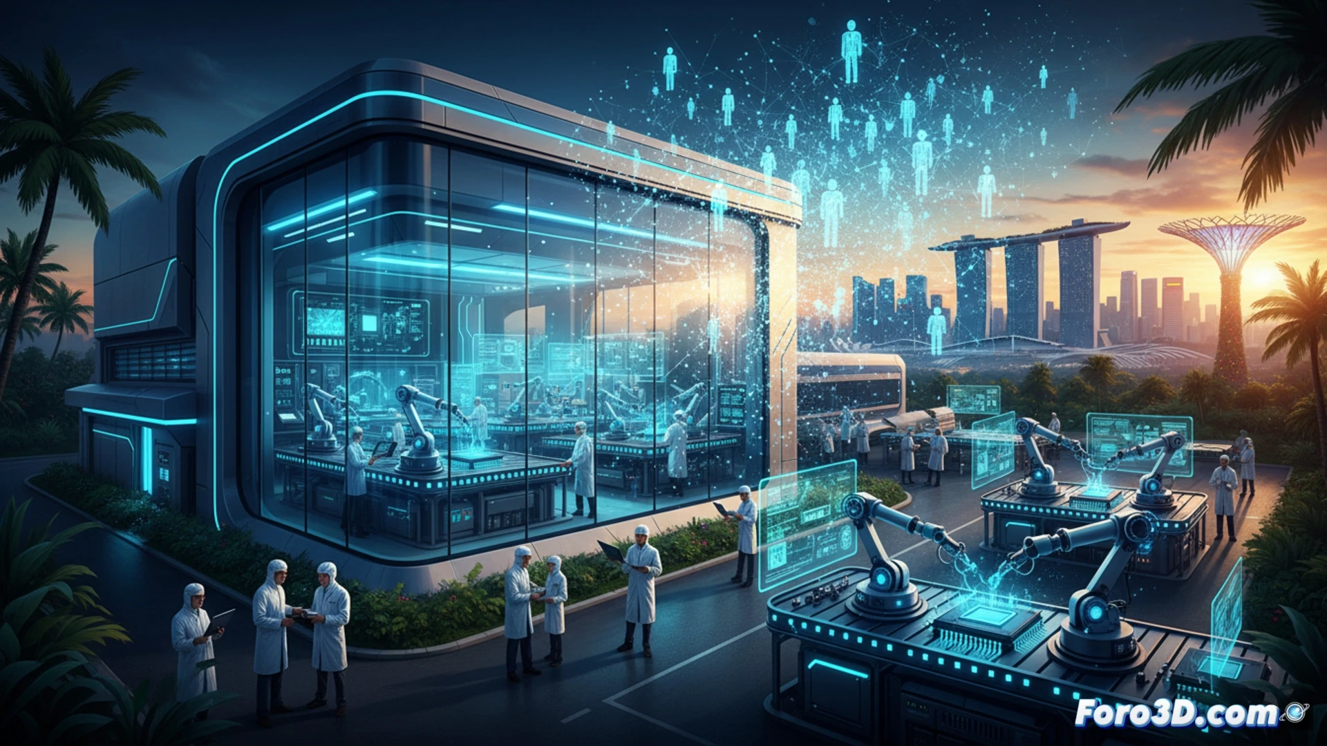 Semiconductor factory interior, robotic arms placing silicon wafers into advanced chip fabrication machines, blue LED indicators blinking, engineers in cleanroom suits monitoring holographic AI data displays showing real-time production metrics, automated guided vehicles transporting wafer cassettes, cinematic engineering visualization, cold blue and white industrial lighting, sterile metallic environment, photorealistic technical render, ultra-detailed machinery with layered circuit patterns visible through glass panels