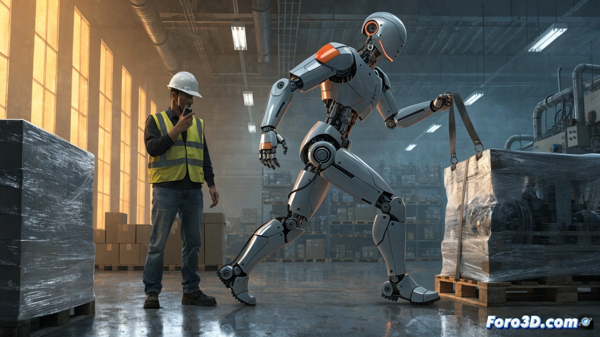 Apptronik Apollo robot humanoide levantando una caja de carga pesada en un almacén industrial, brazos robóticos con sensores y actuadores visibles, trabajando junto a un operario humano que supervisa una tableta con interfaz de software de control, estanterías metálicas de fondo, luces LED de seguridad en el suelo, ingeniería biomecánica en acción, demostrando colaboración hombre-máquina, estilo cinematográfico fotorrealista, iluminación industrial dramática, texturas de metal cepillado y plástico técnico, profundidad de campo nítida, render técnico de alta definición