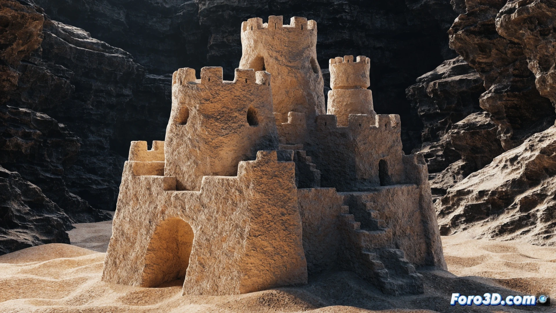Blender workspace scene showing a stylized sand castle being formed through step-by-step modifiers, a hand interacting with a mouse while a 3D viewport displays the model transforming from a simple cube into detailed turrets and walls, wireframe overlay visible, realistic sand texture applied to half the model, technical illustration style, soft studio lighting, procedural grain effect on surfaces, clean UI elements like modifier stack panel and toolbar visible, cinematic composition with shallow depth of field