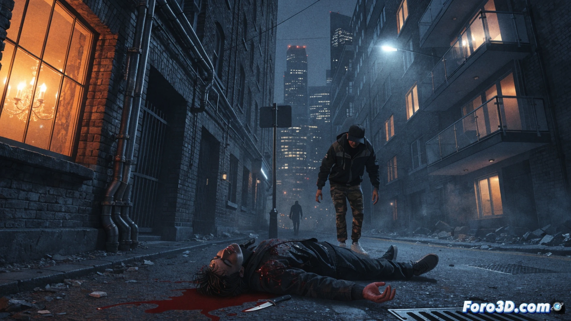 young man in hooded jacket holding a knife hesitantly, standing on a dim London street corner, cracked asphalt and discarded syringes on wet pavement, broken streetlamp flickering pale orange light, metal CCTV camera mounted crooked on brick wall with loose wires, graffiti-covered shop shutters in background, a worn-out community centre sign half-detached, lonely figure walking away in distant rain, cinematic photorealistic style, deep shadows contrasting with harsh sodium-vapour lamp glow, damp reflections on asphalt, gritty urban texture, atmospheric haze, tense stillness before an unseen event, ultra-detailed environmental decay