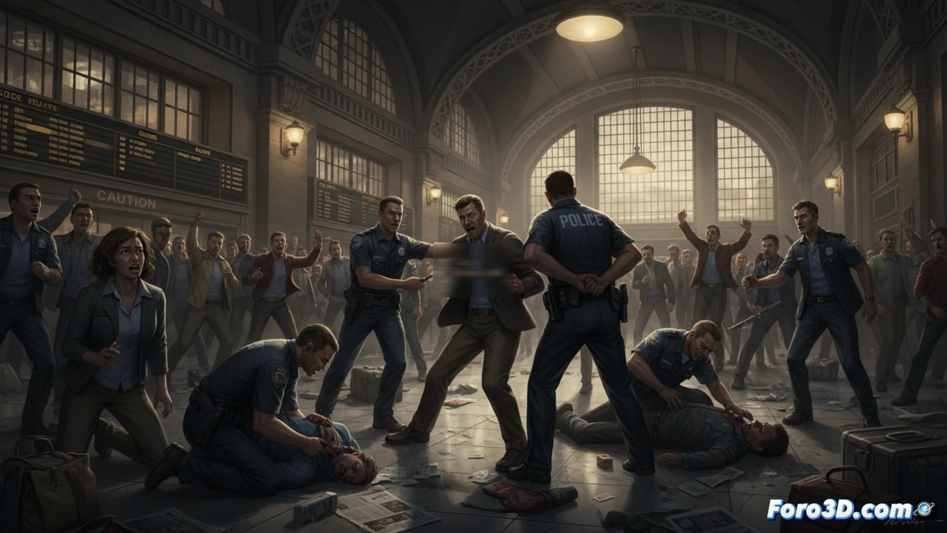 Cinematic wide shot of Penn Station main concourse during evening rush, security officers in tactical gear rushing toward a struggle near ticket machines, blurred motion of panicked commuters scattering, a dropped knife reflecting harsh fluorescent light on polished floor, blood spatter on white tile wall, shattered glass display case with sports jerseys inside, overhead surveillance camera angles visible, emergency lights flashing red, photorealistic documentary style, dramatic shadows from steel beams, ultra-detailed architectural interior, chaotic movement frozen in time, realistic urban crisis scene